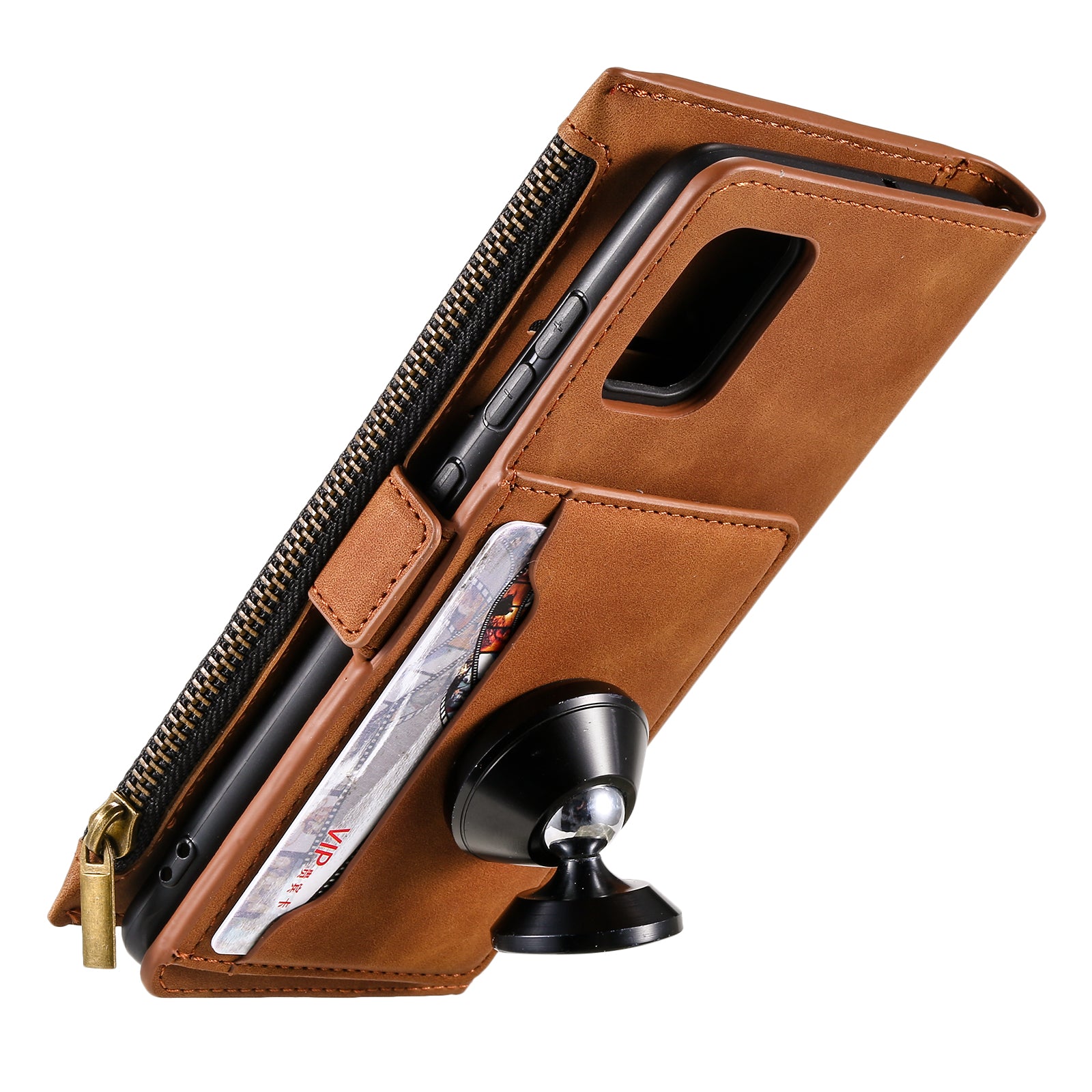 PU Leather Cellphone Protective Case Cover with Multifunctional Zipper Wallet and Kickstand for Samsung Galaxy S20 4G/S20 5G - Brown