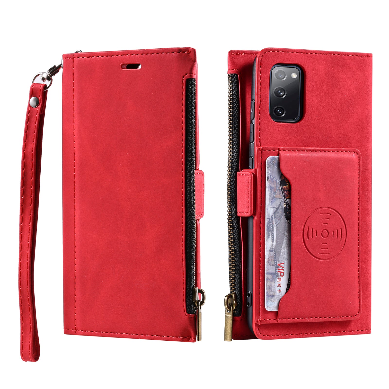 Shockproof PU Leather Zipper Pocket Flip Kickstand Wallet Case with Wrist Strap for Samsung Galaxy S20 FE 2022/S20 FE 4G/S20 FE 5G/S20 Lite - Red