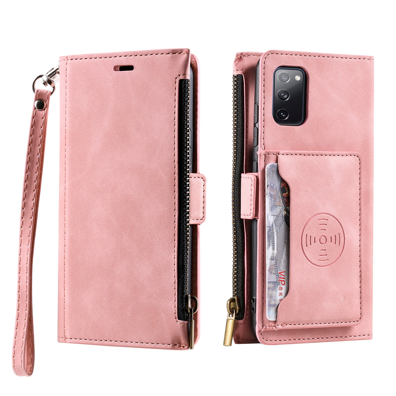 Shockproof PU Leather Zipper Pocket Flip Kickstand Wallet Case with Wrist Strap for Samsung Galaxy S20 FE 2022/S20 FE 4G/S20 FE 5G/S20 Lite - Pink