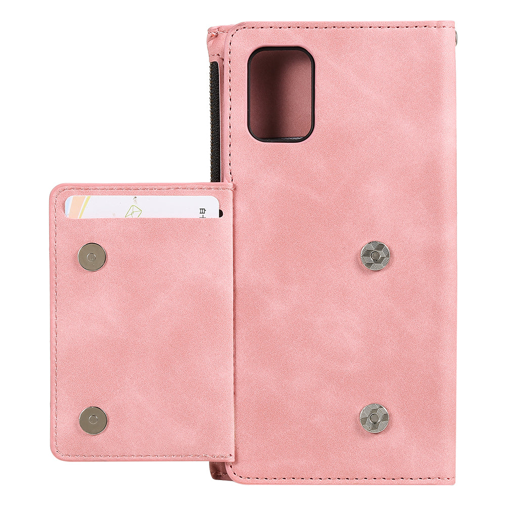 Shockproof PU Leather Zipper Pocket Flip Kickstand Wallet Case with Wrist Strap for Samsung Galaxy S20 FE 2022/S20 FE 4G/S20 FE 5G/S20 Lite - Pink