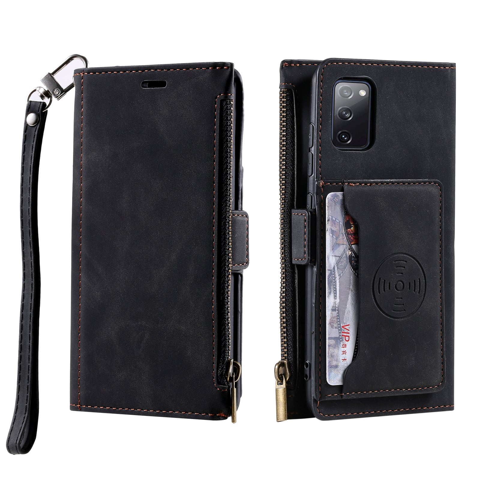 Shockproof PU Leather Zipper Pocket Flip Kickstand Wallet Case with Wrist Strap for Samsung Galaxy S20 FE 2022/S20 FE 4G/S20 FE 5G/S20 Lite - Black