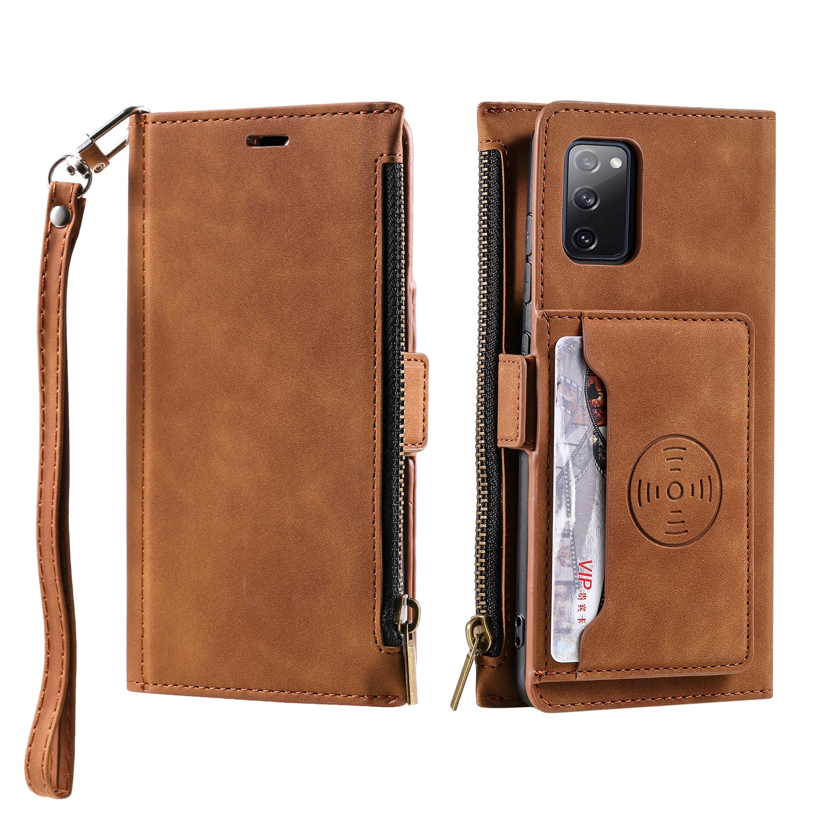 Shockproof PU Leather Zipper Pocket Flip Kickstand Wallet Case with Wrist Strap for Samsung Galaxy S20 FE 2022/S20 FE 4G/S20 FE 5G/S20 Lite - Brown