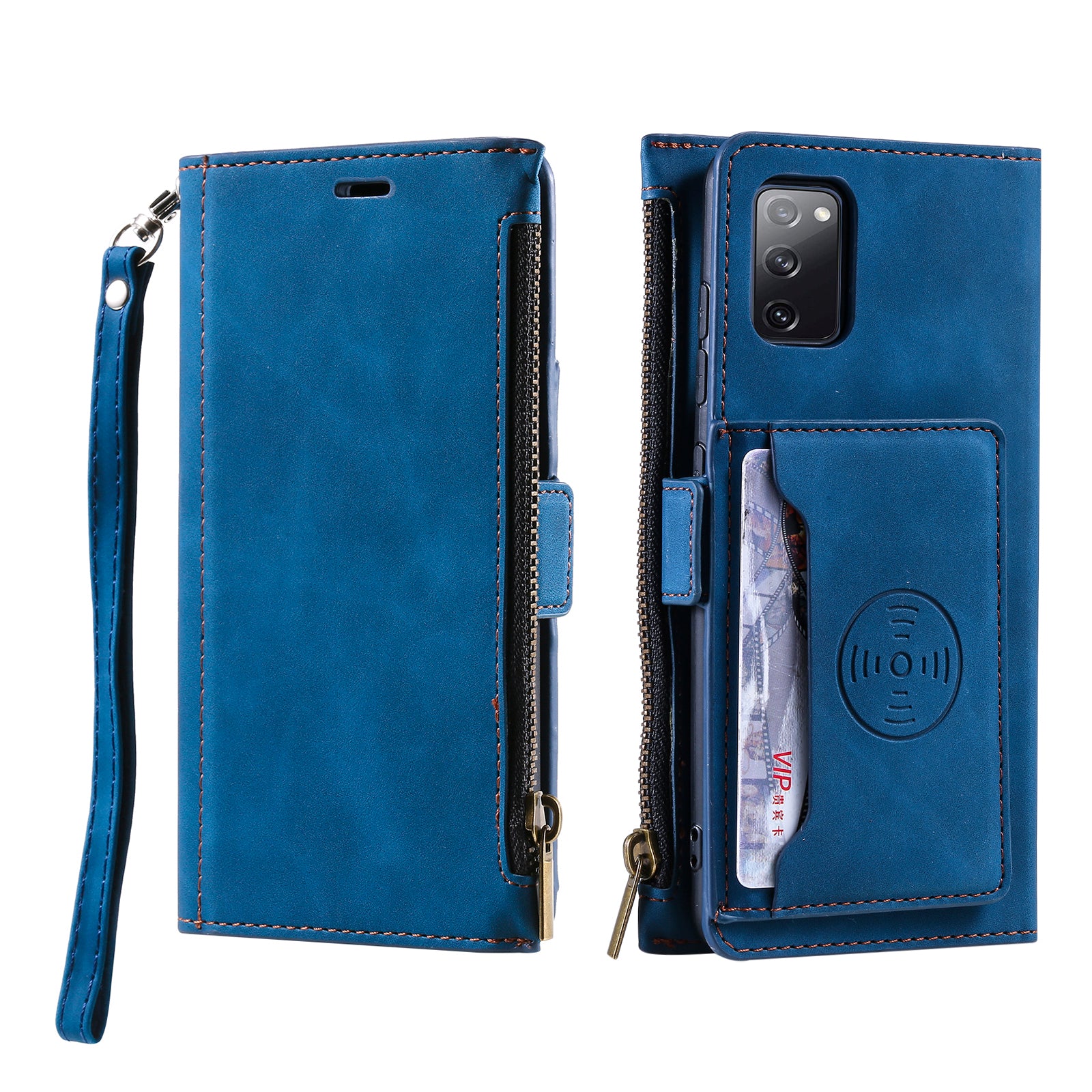 Shockproof PU Leather Zipper Pocket Flip Kickstand Wallet Case with Wrist Strap for Samsung Galaxy S20 FE 2022/S20 FE 4G/S20 FE 5G/S20 Lite - Blue