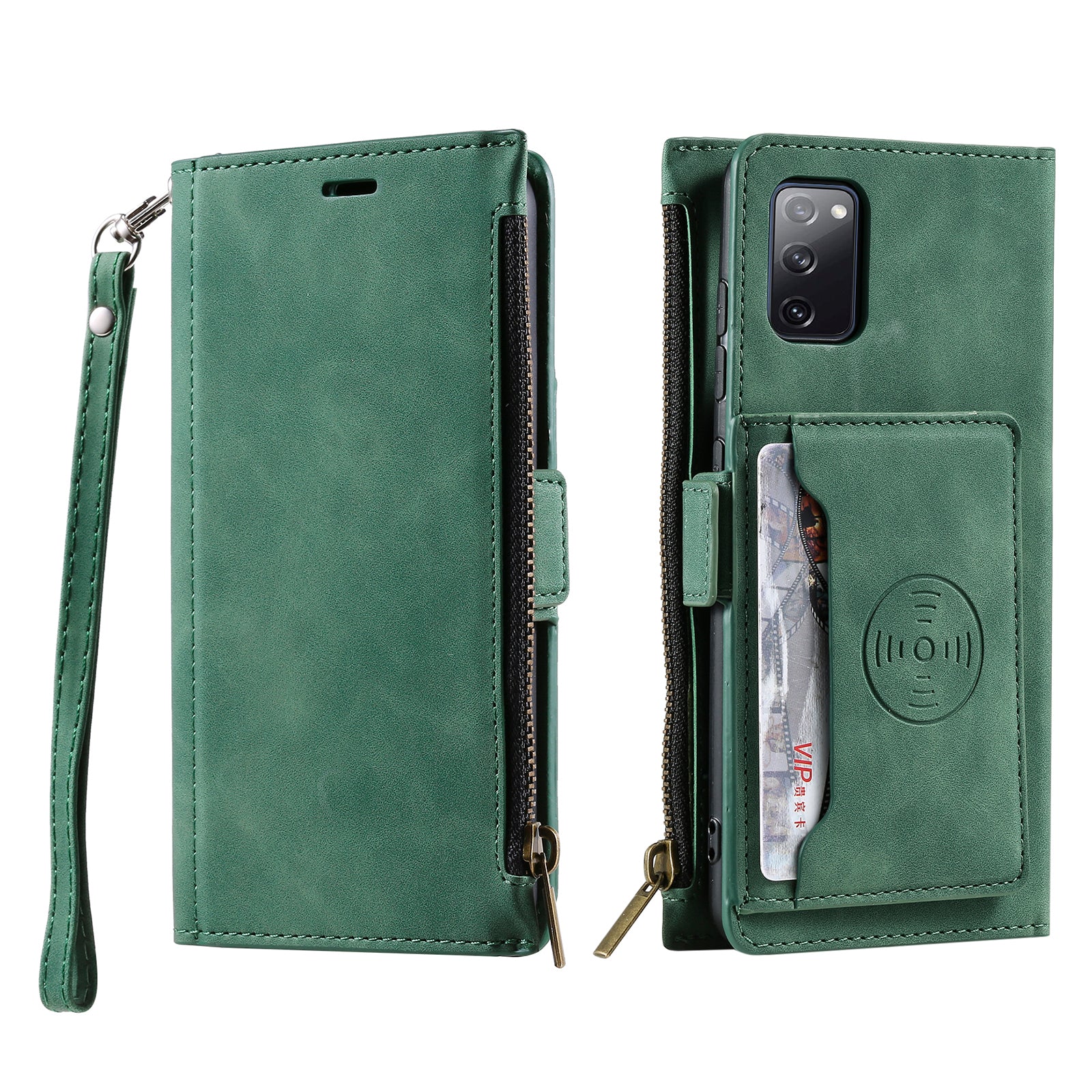 Shockproof PU Leather Zipper Pocket Flip Kickstand Wallet Case with Wrist Strap for Samsung Galaxy S20 FE 2022/S20 FE 4G/S20 FE 5G/S20 Lite - Green