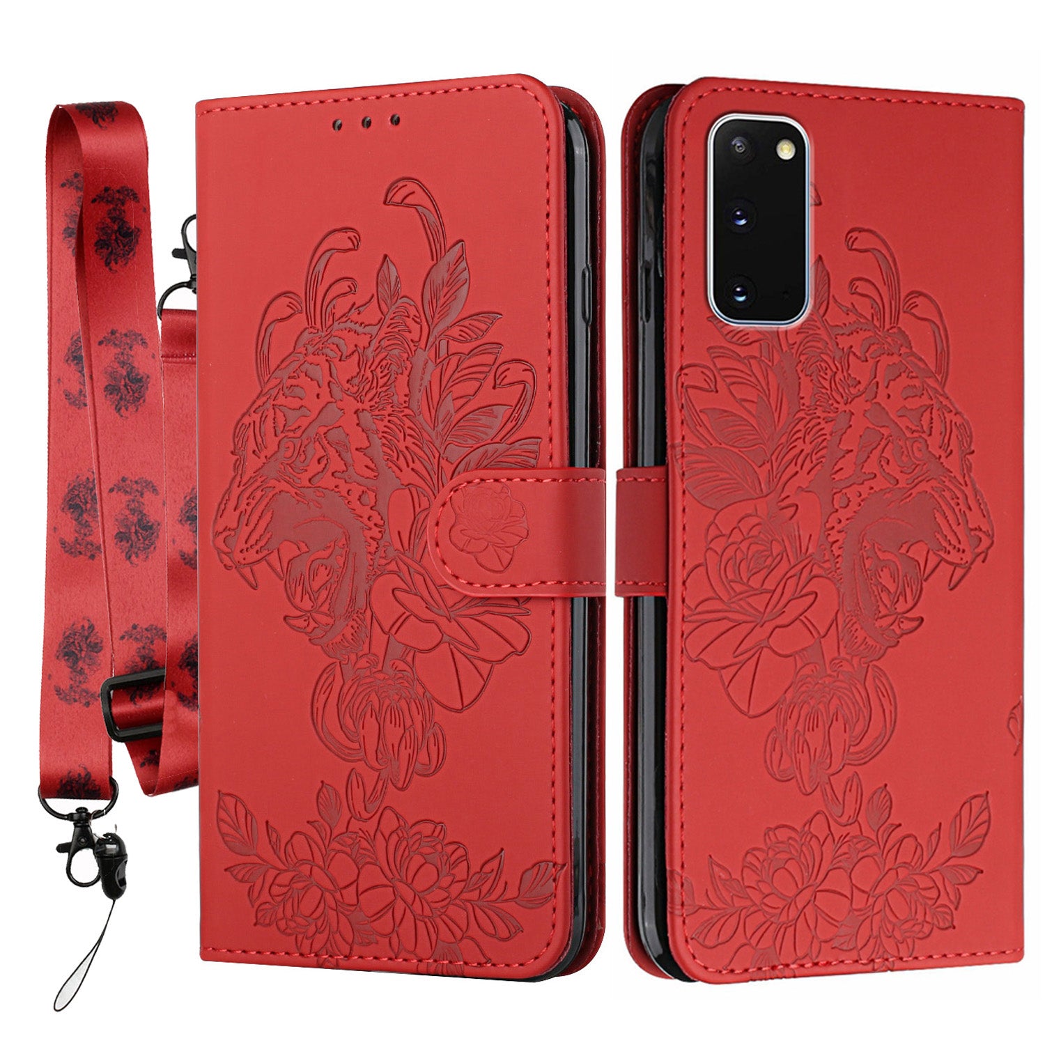 Tiger and Flower Imprint Pattern Leather Protective Phone Cover with Stand for Samsung Galaxy S20 4G/S20 5G - Red