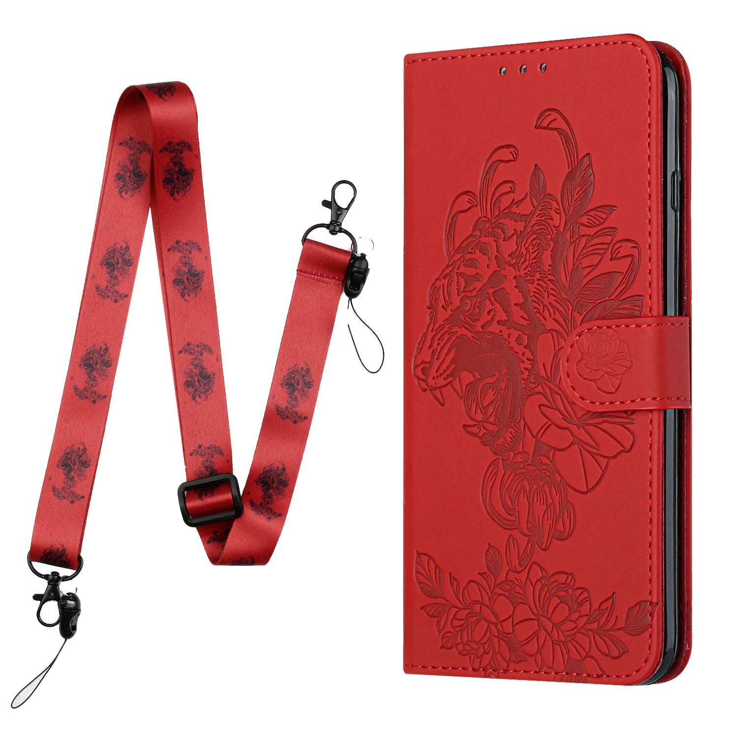 Tiger and Flower Imprint Pattern Leather Protective Phone Cover with Stand for Samsung Galaxy S20 4G/S20 5G - Red