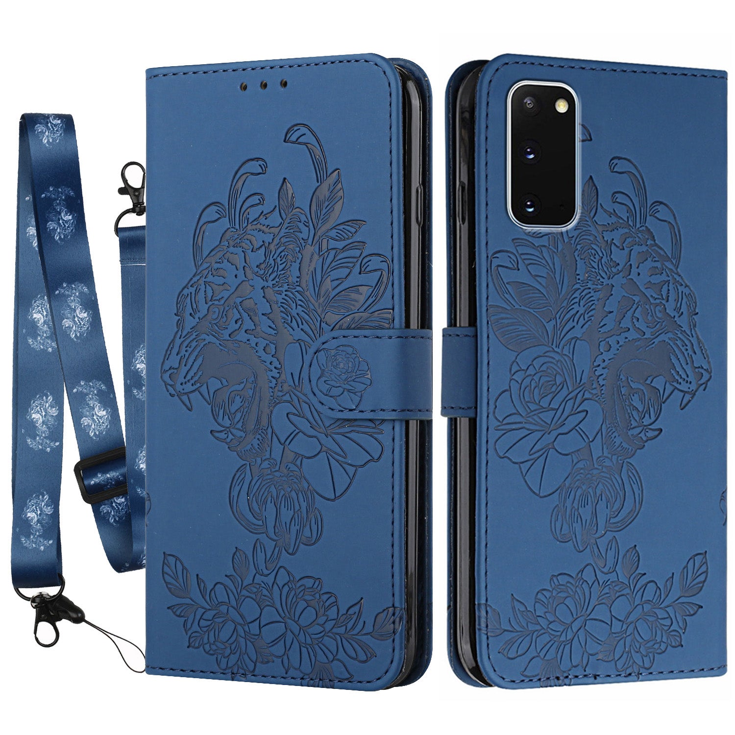 Tiger and Flower Imprint Pattern Leather Protective Phone Cover with Stand for Samsung Galaxy S20 4G/S20 5G - Blue