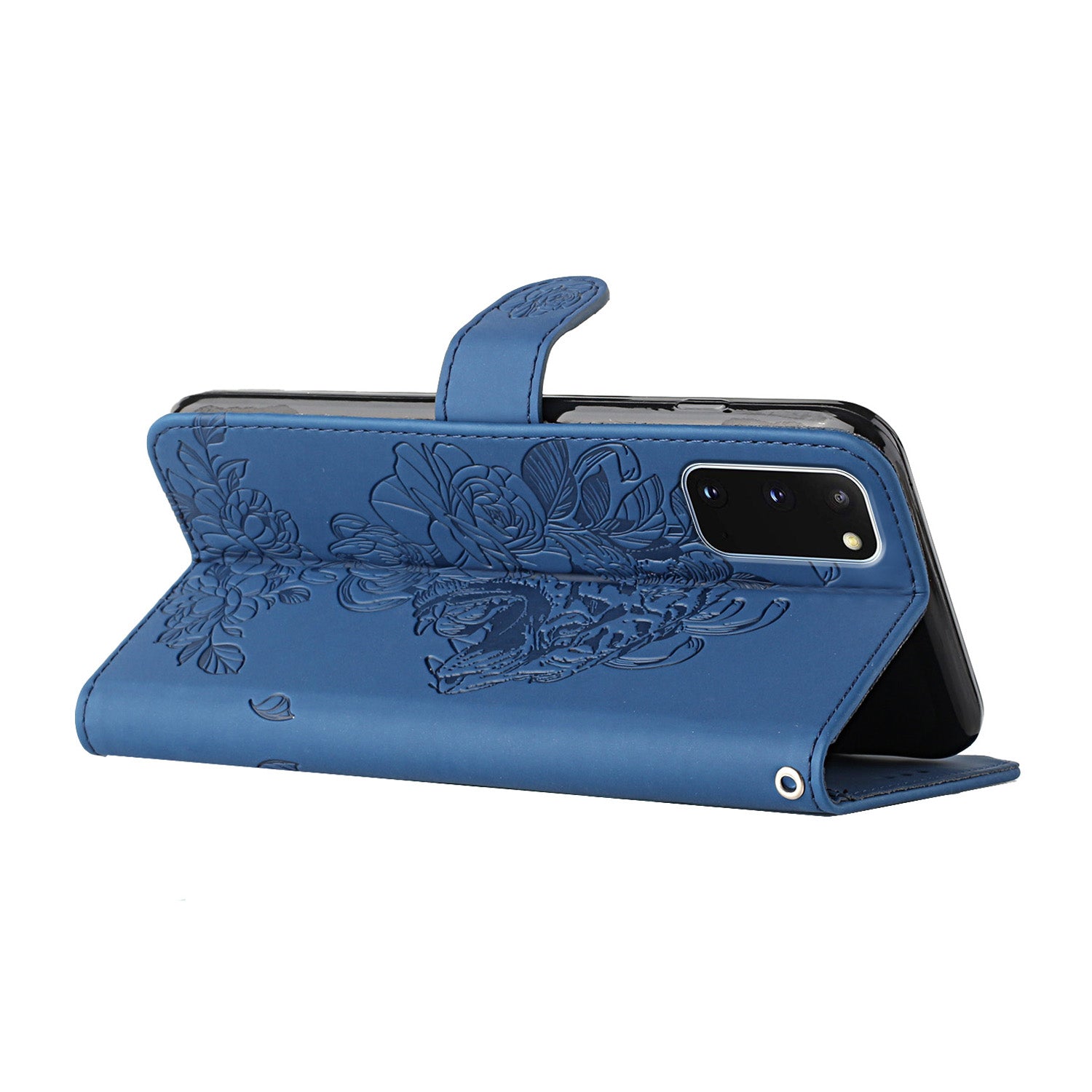 Tiger and Flower Imprint Pattern Leather Protective Phone Cover with Stand for Samsung Galaxy S20 4G/S20 5G - Blue