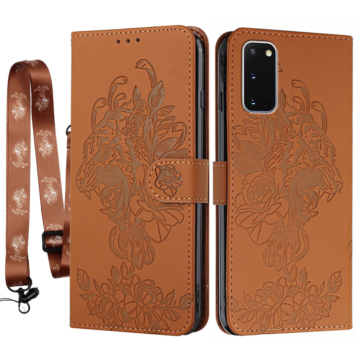 Tiger and Flower Imprint Pattern Leather Protective Phone Cover with Stand for Samsung Galaxy S20 4G/S20 5G - Brown