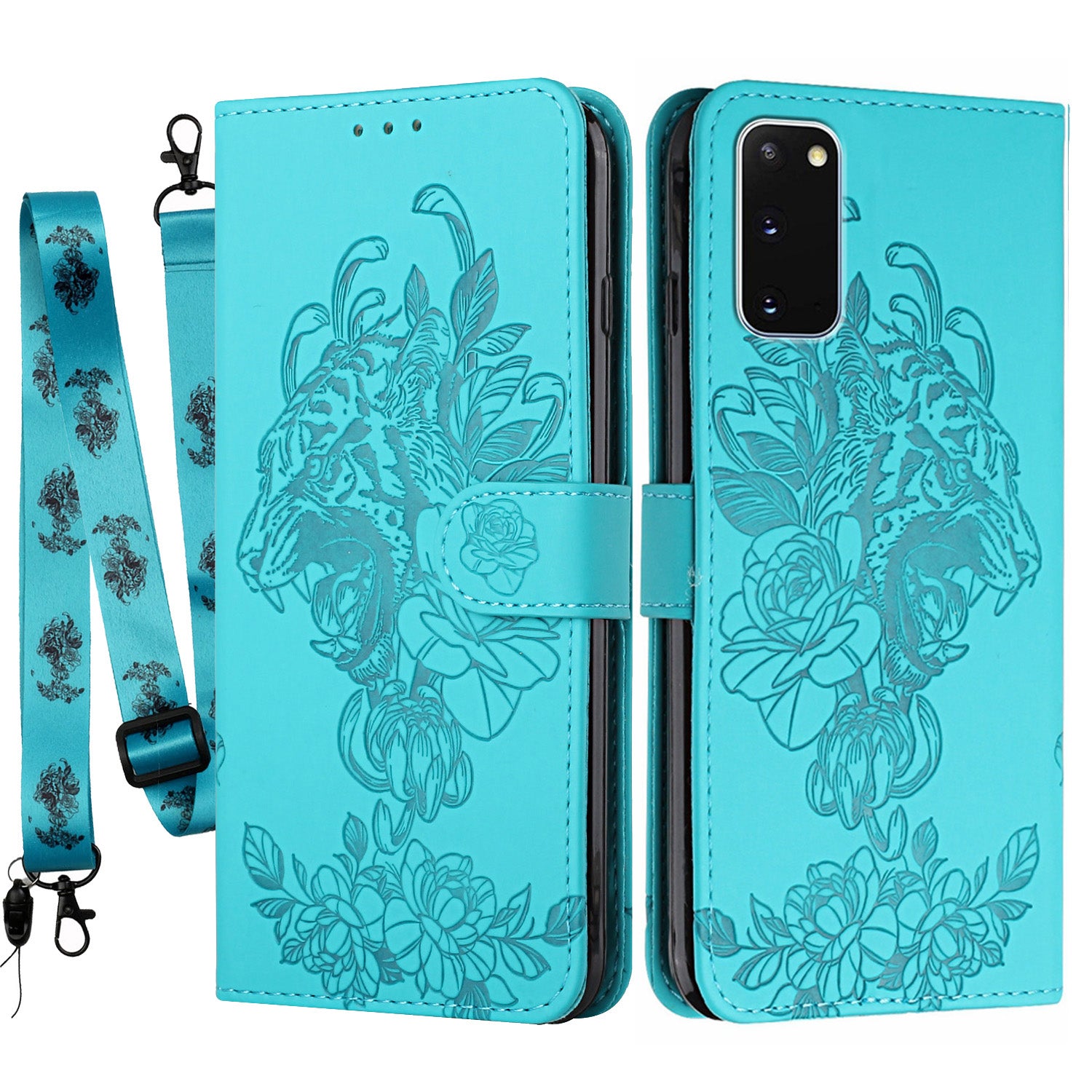 Tiger and Flower Imprint Pattern Leather Protective Phone Cover with Stand for Samsung Galaxy S20 4G/S20 5G - Green