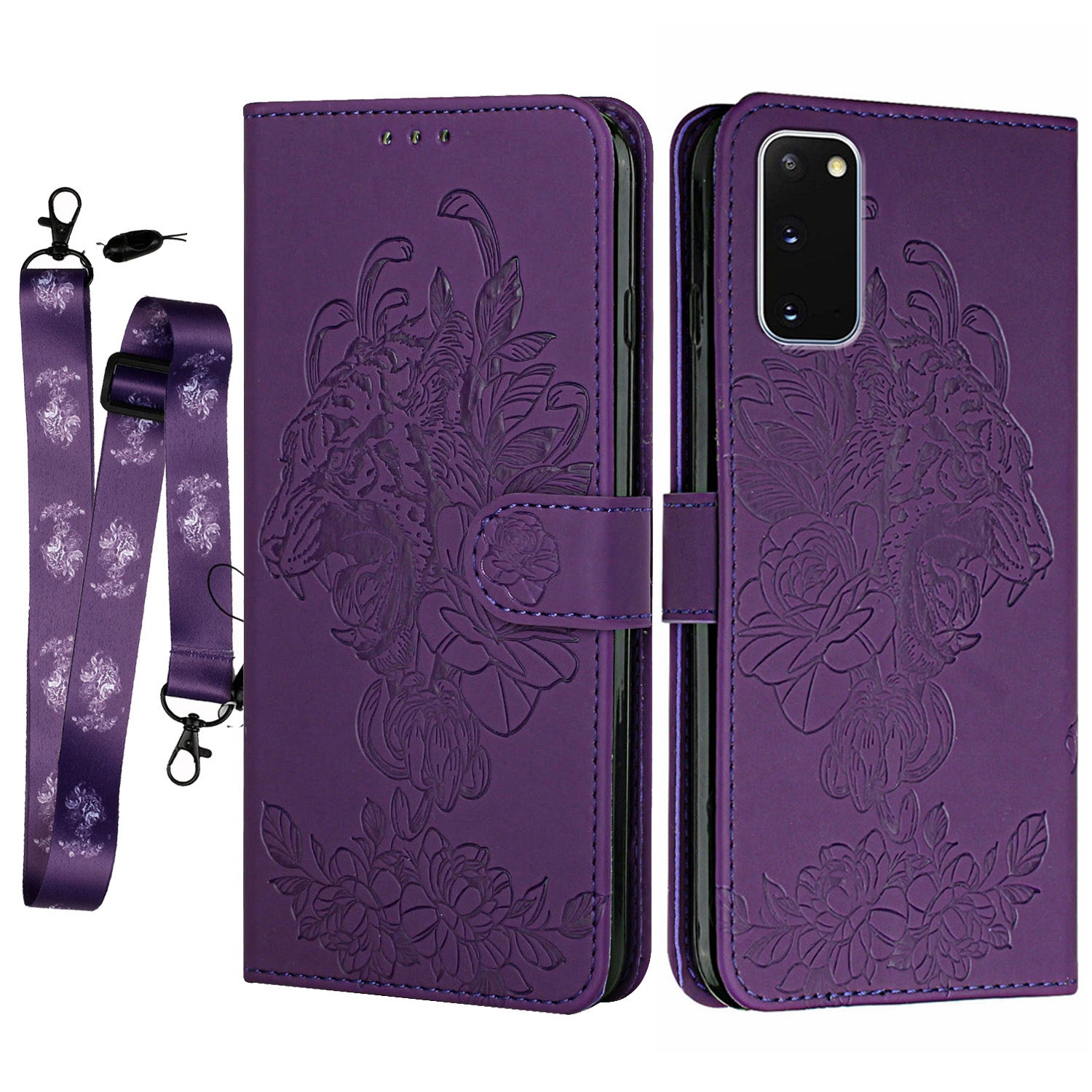 Tiger and Flower Imprint Pattern Leather Protective Phone Cover with Stand for Samsung Galaxy S20 4G/S20 5G - Purple