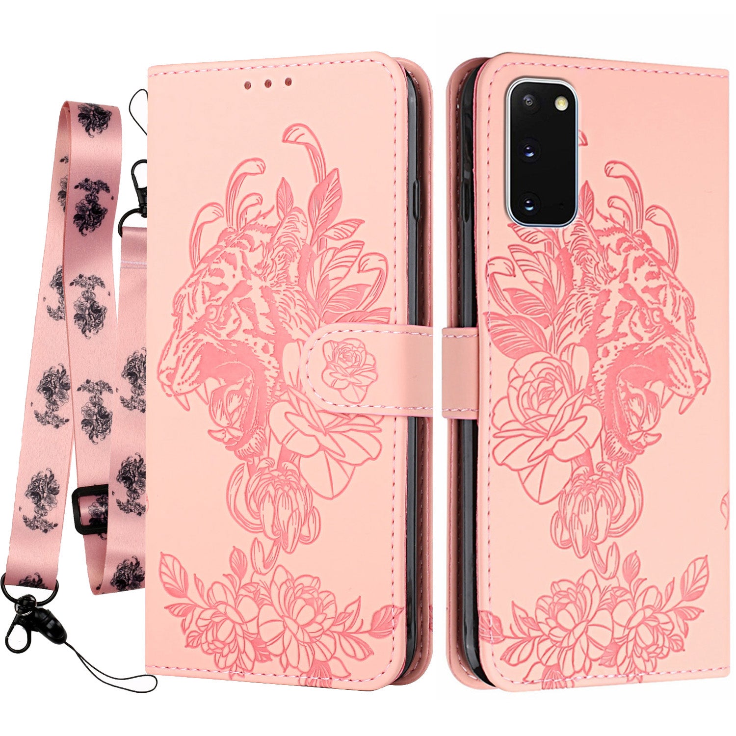 Tiger and Flower Imprint Pattern Leather Protective Phone Cover with Stand for Samsung Galaxy S20 4G/S20 5G - Pink