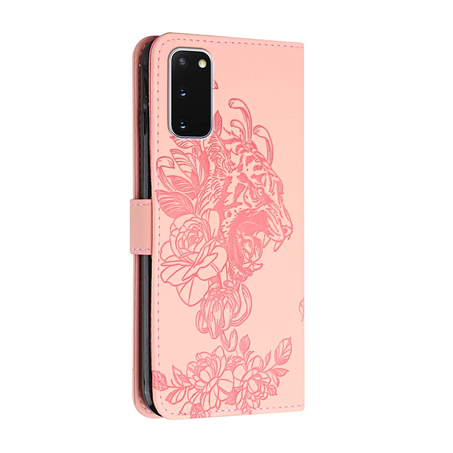 Tiger and Flower Imprint Pattern Leather Protective Phone Cover with Stand for Samsung Galaxy S20 4G/S20 5G - Pink