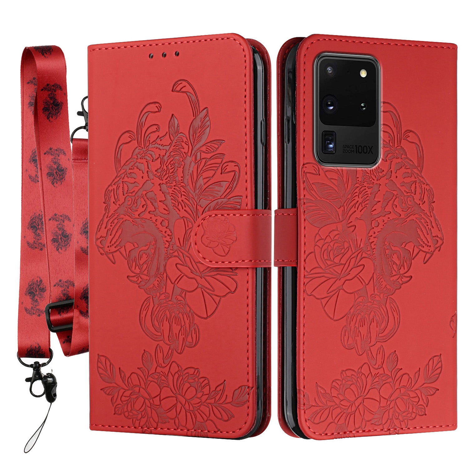 Tiger and Flower Imprint Pattern Leather Protective Phone Stand Cover with Strap for Samsung Galaxy S20 Ultra - Red