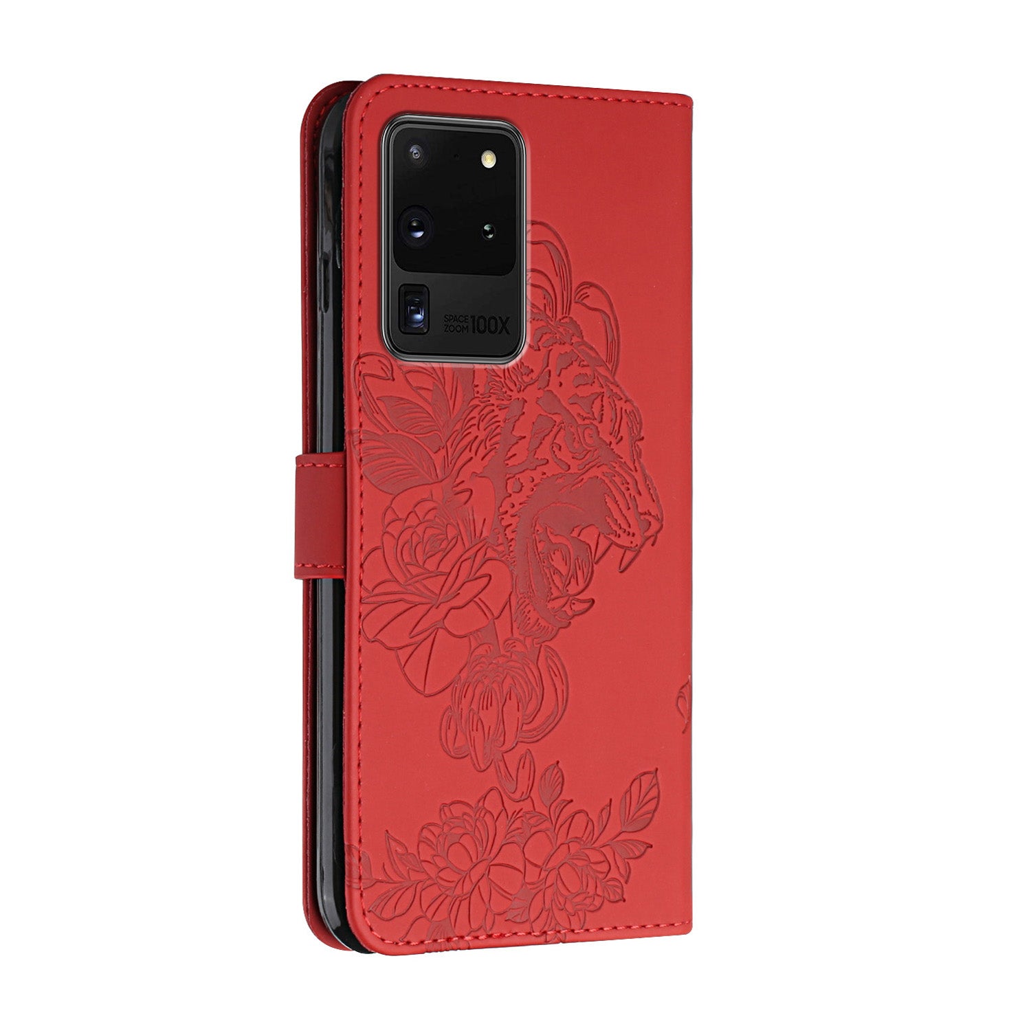 Tiger and Flower Imprint Pattern Leather Protective Phone Stand Cover with Strap for Samsung Galaxy S20 Ultra - Red