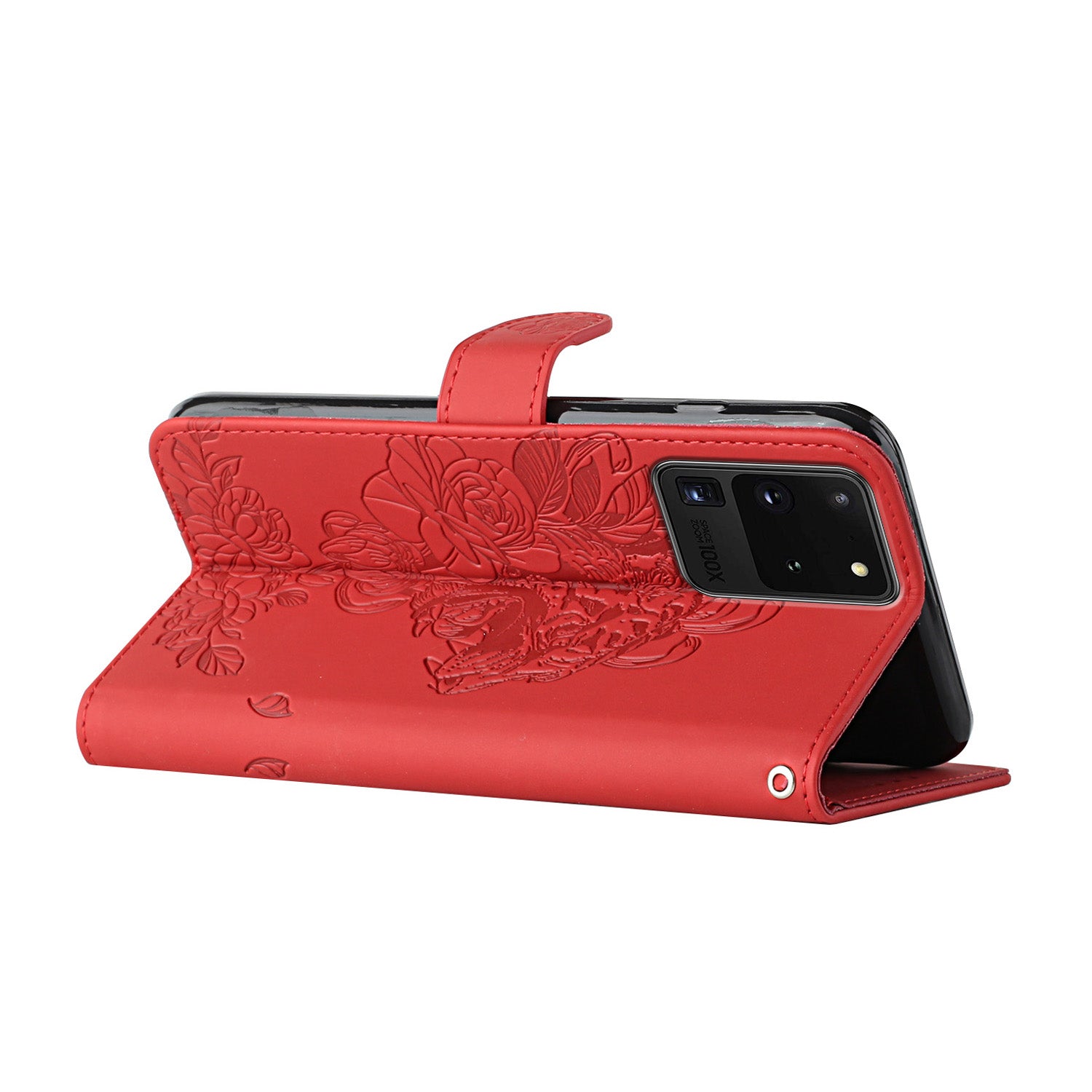 Tiger and Flower Imprint Pattern Leather Protective Phone Stand Cover with Strap for Samsung Galaxy S20 Ultra - Red