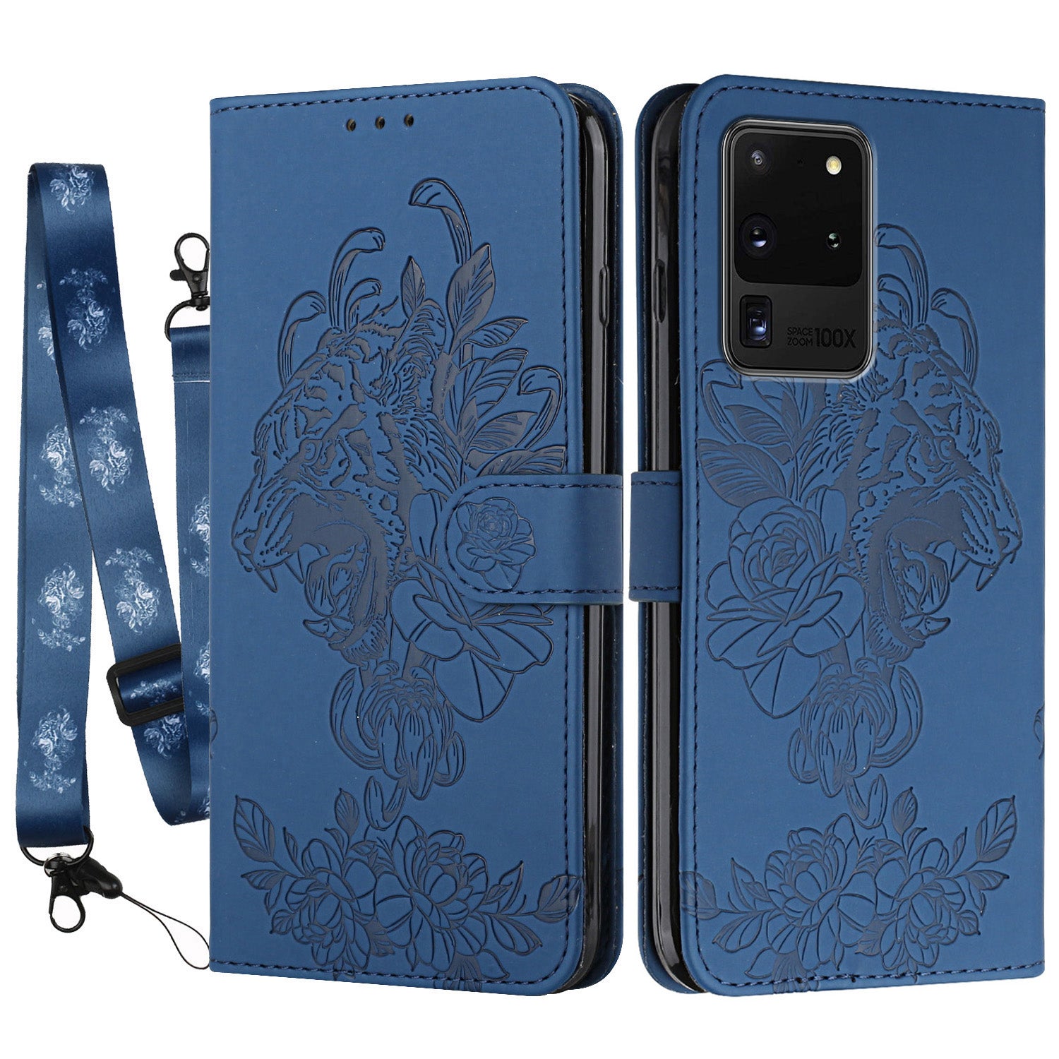 Tiger and Flower Imprint Pattern Leather Protective Phone Stand Cover with Strap for Samsung Galaxy S20 Ultra - Blue