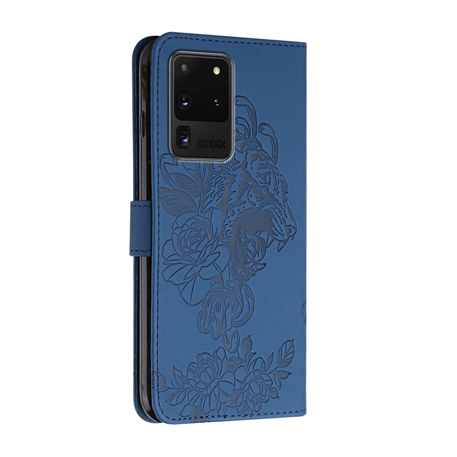 Tiger and Flower Imprint Pattern Leather Protective Phone Stand Cover with Strap for Samsung Galaxy S20 Ultra - Blue