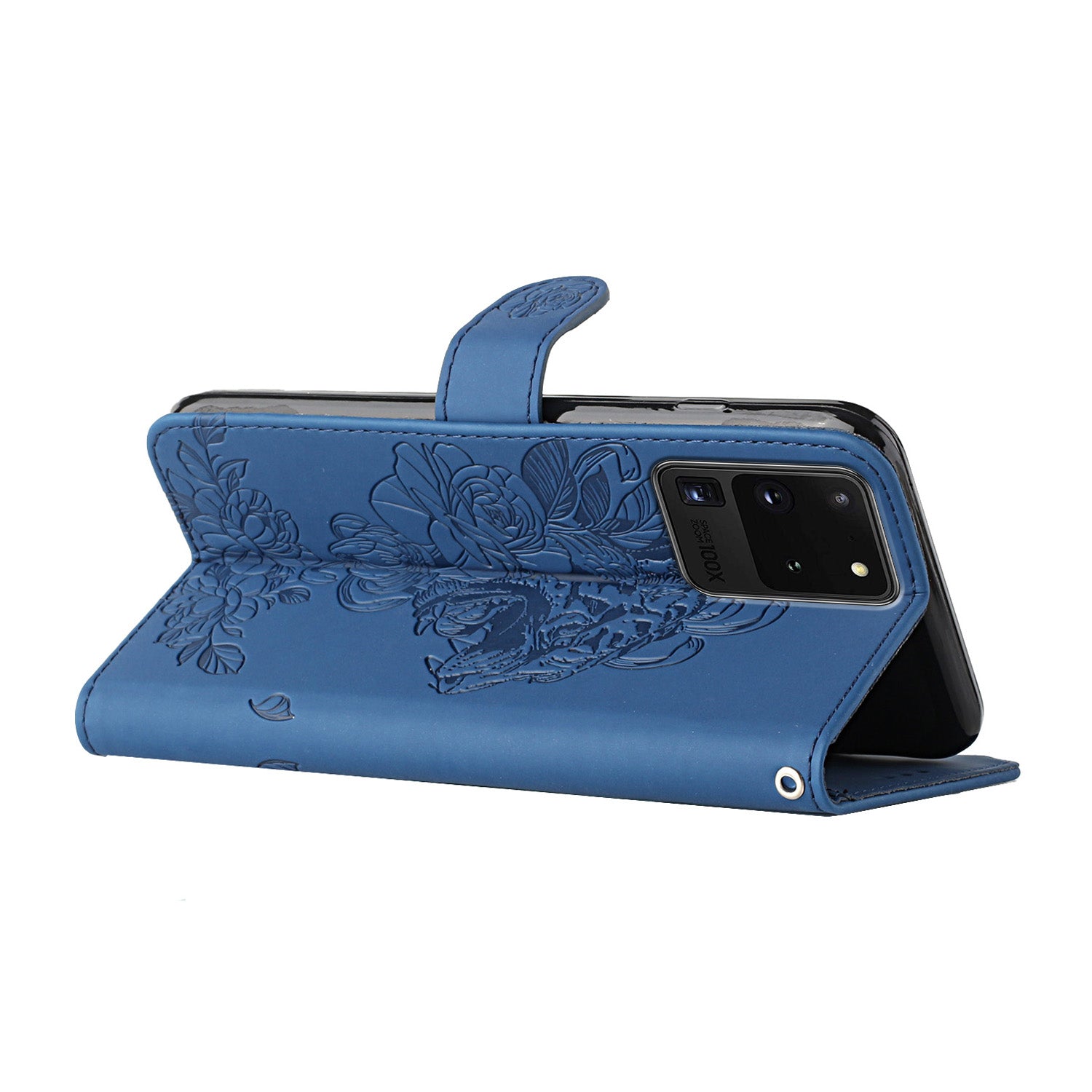 Tiger and Flower Imprint Pattern Leather Protective Phone Stand Cover with Strap for Samsung Galaxy S20 Ultra - Blue