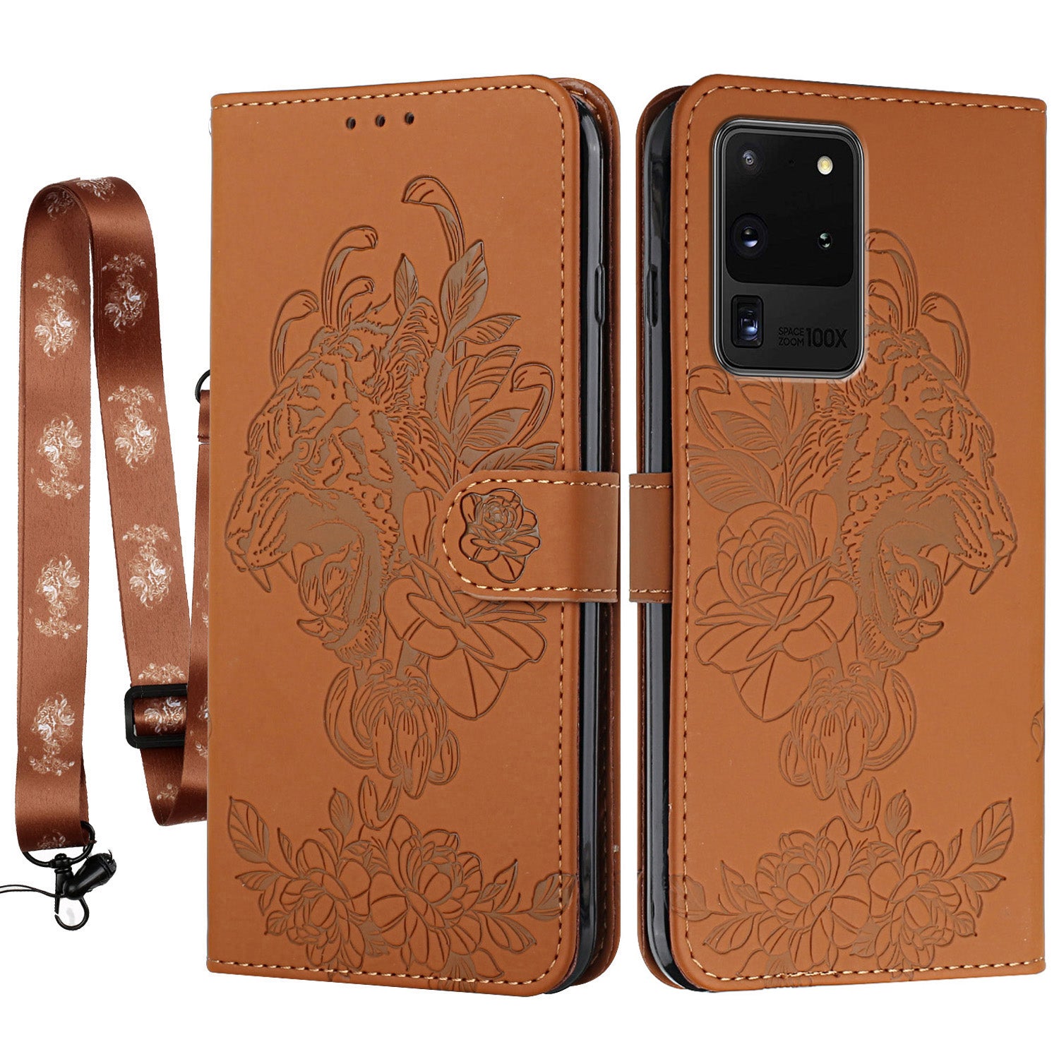 Tiger and Flower Imprint Pattern Leather Protective Phone Stand Cover with Strap for Samsung Galaxy S20 Ultra - Brown