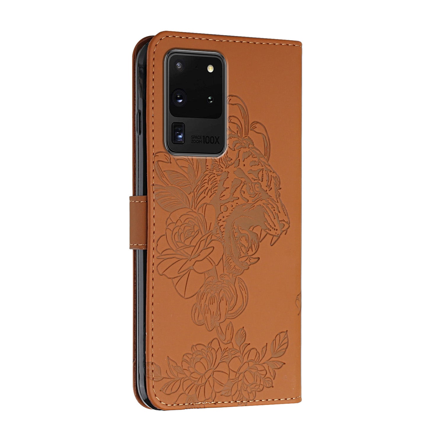 Tiger and Flower Imprint Pattern Leather Protective Phone Stand Cover with Strap for Samsung Galaxy S20 Ultra - Brown