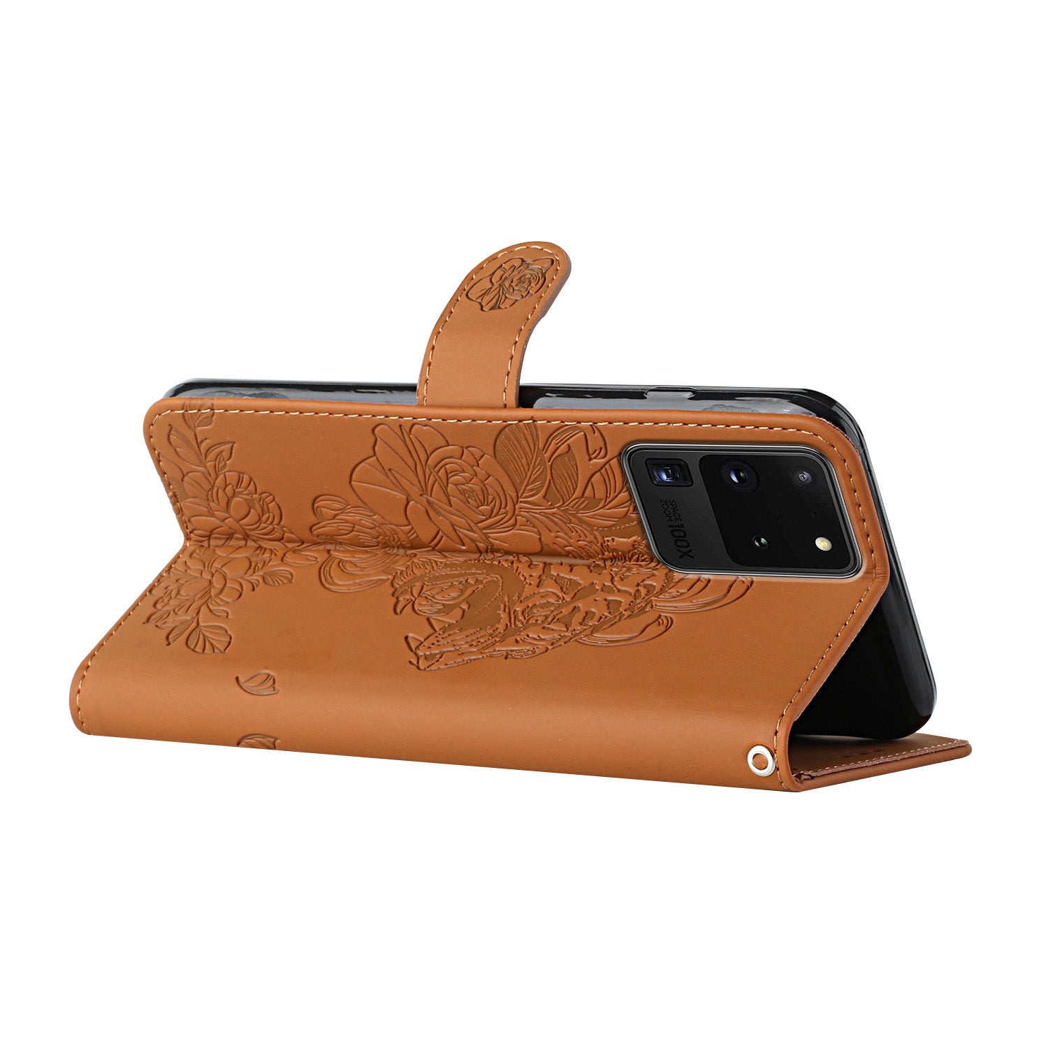 Tiger and Flower Imprint Pattern Leather Protective Phone Stand Cover with Strap for Samsung Galaxy S20 Ultra - Brown