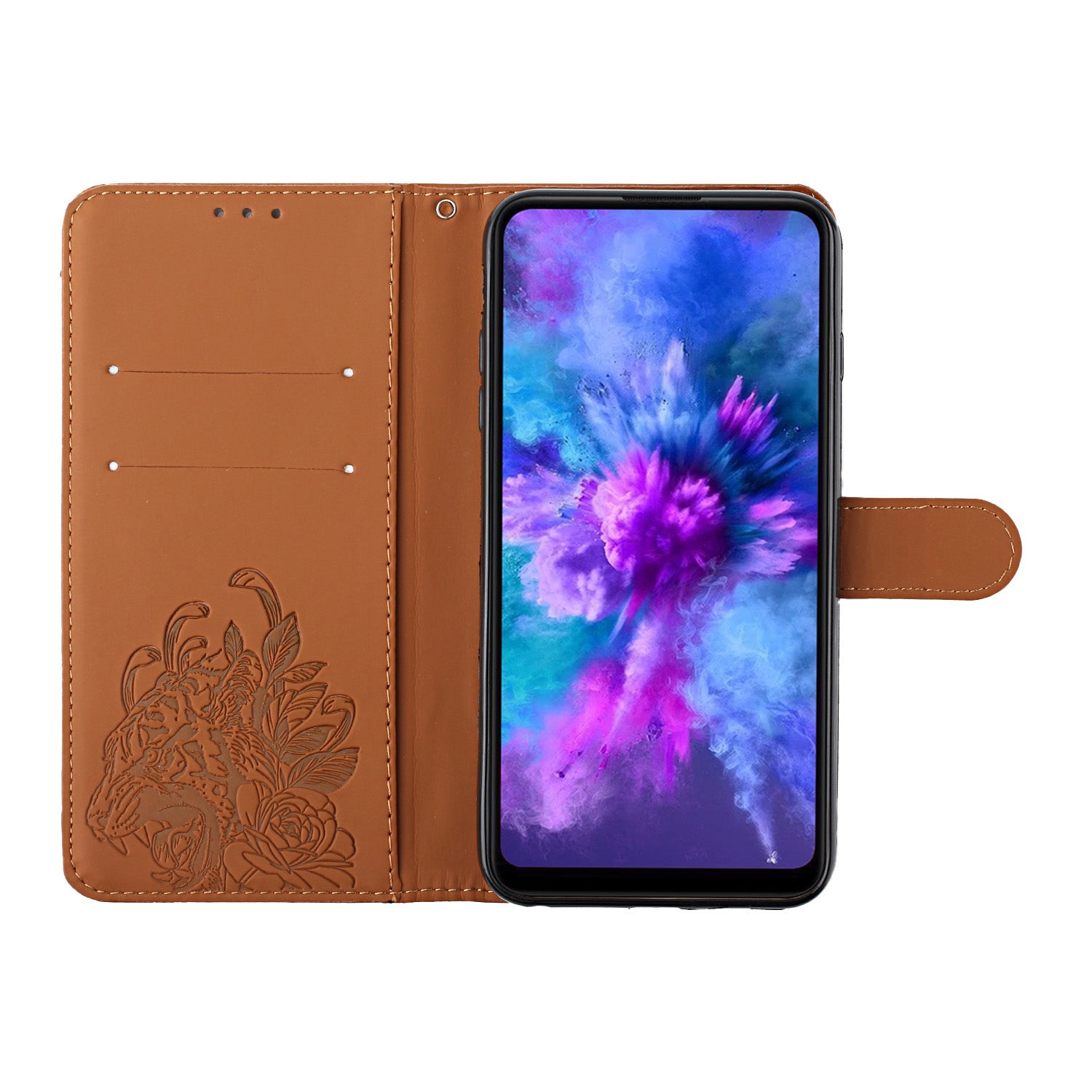 Tiger and Flower Imprint Pattern Leather Protective Phone Stand Cover with Strap for Samsung Galaxy S20 Ultra - Brown