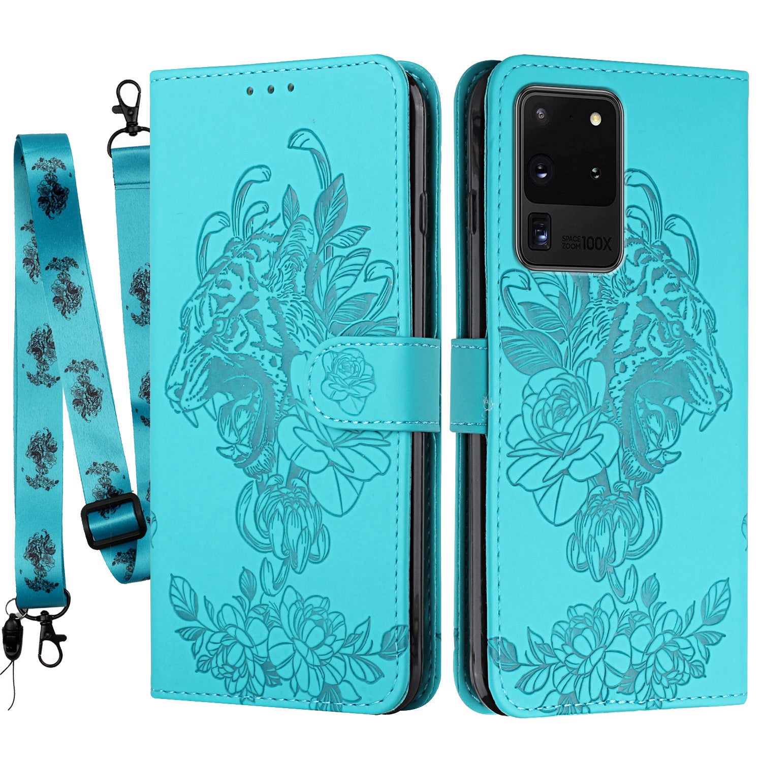 Tiger and Flower Imprint Pattern Leather Protective Phone Stand Cover with Strap for Samsung Galaxy S20 Ultra - Green