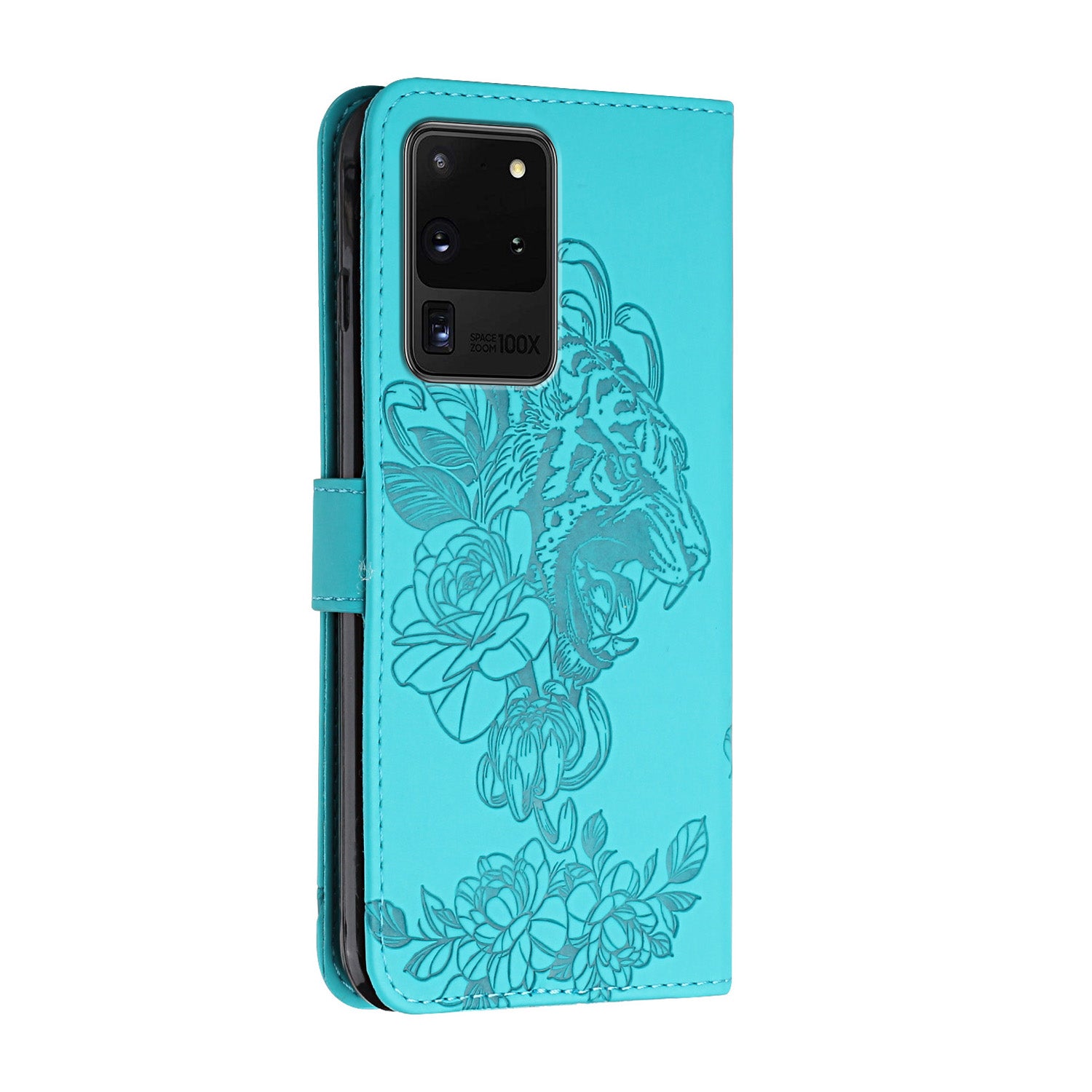 Tiger and Flower Imprint Pattern Leather Protective Phone Stand Cover with Strap for Samsung Galaxy S20 Ultra - Green