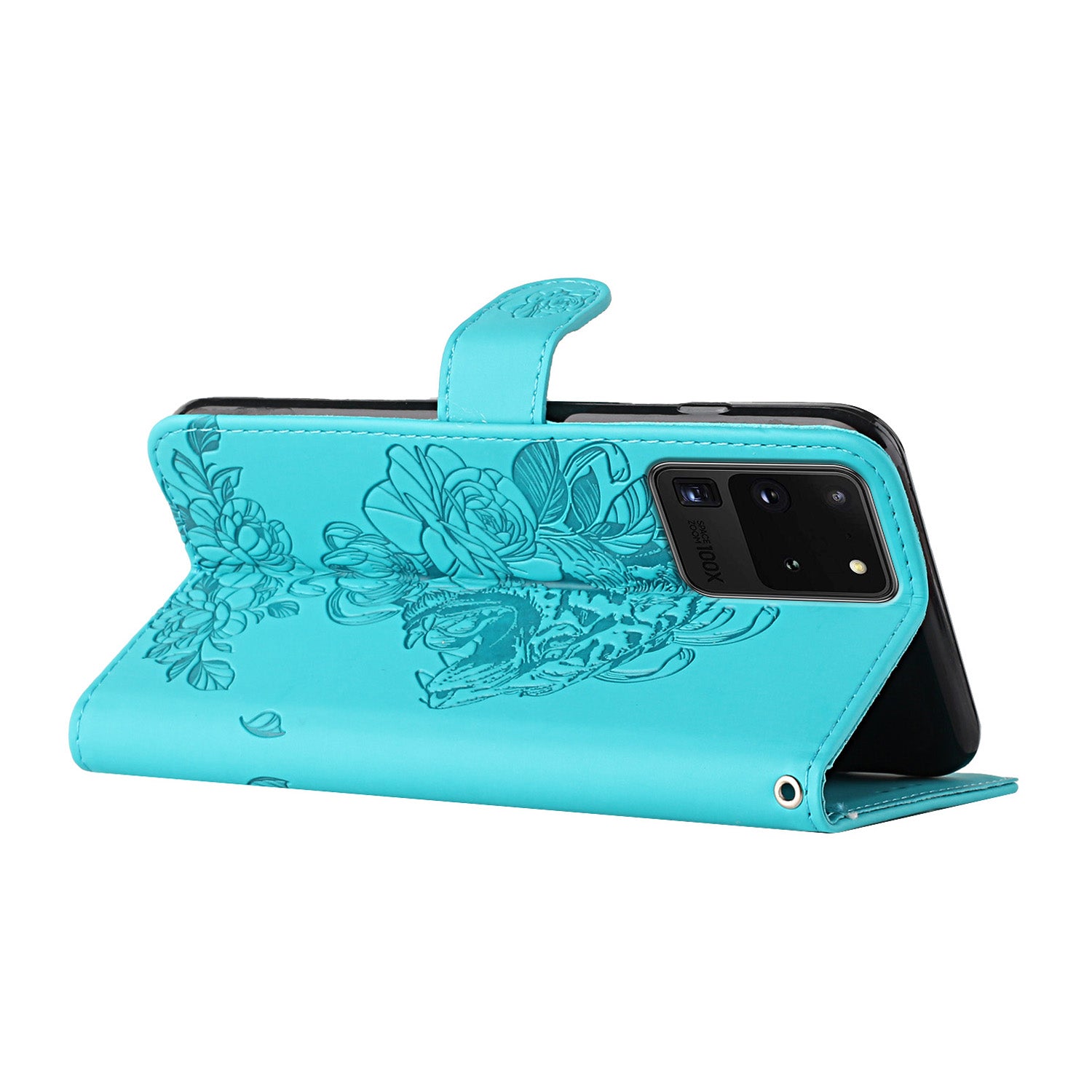 Tiger and Flower Imprint Pattern Leather Protective Phone Stand Cover with Strap for Samsung Galaxy S20 Ultra - Green