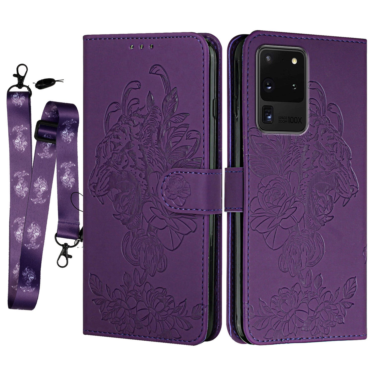 Tiger and Flower Imprint Pattern Leather Protective Phone Stand Cover with Strap for Samsung Galaxy S20 Ultra - Purple