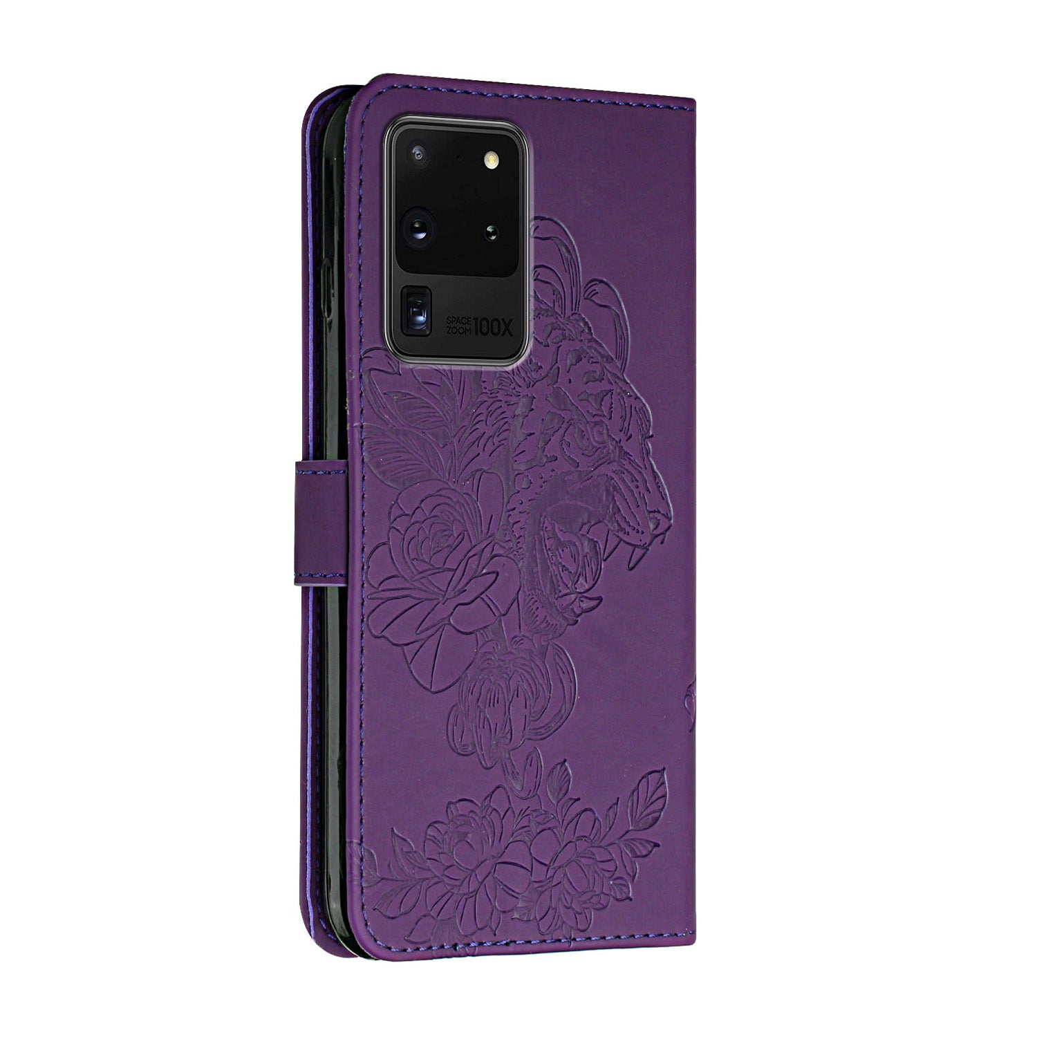 Tiger and Flower Imprint Pattern Leather Protective Phone Stand Cover with Strap for Samsung Galaxy S20 Ultra - Purple