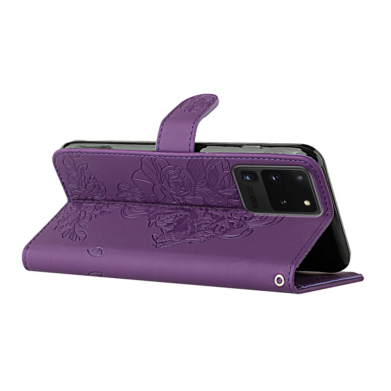 Tiger and Flower Imprint Pattern Leather Protective Phone Stand Cover with Strap for Samsung Galaxy S20 Ultra - Purple