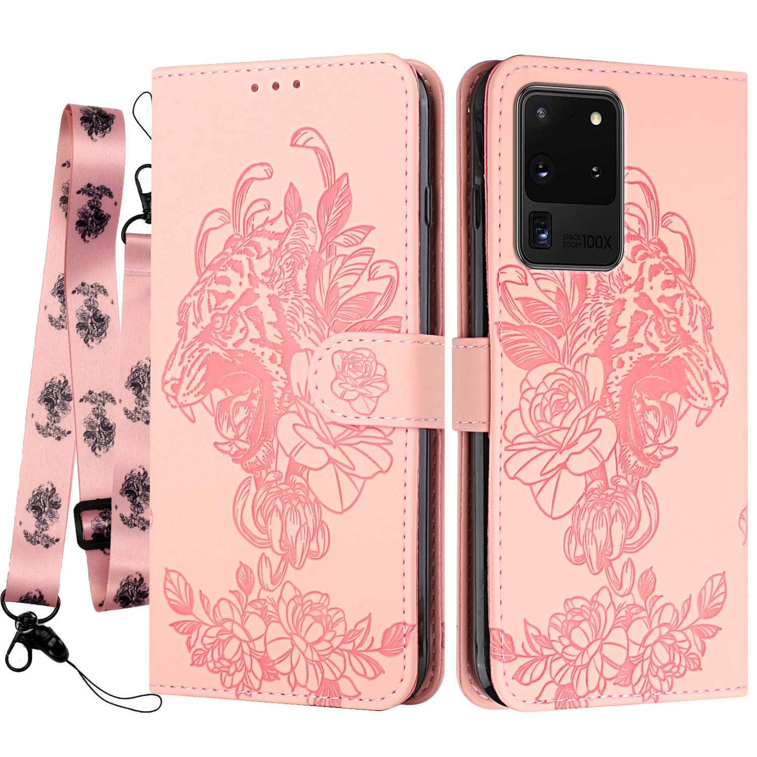 Tiger and Flower Imprint Pattern Leather Protective Phone Stand Cover with Strap for Samsung Galaxy S20 Ultra - Pink