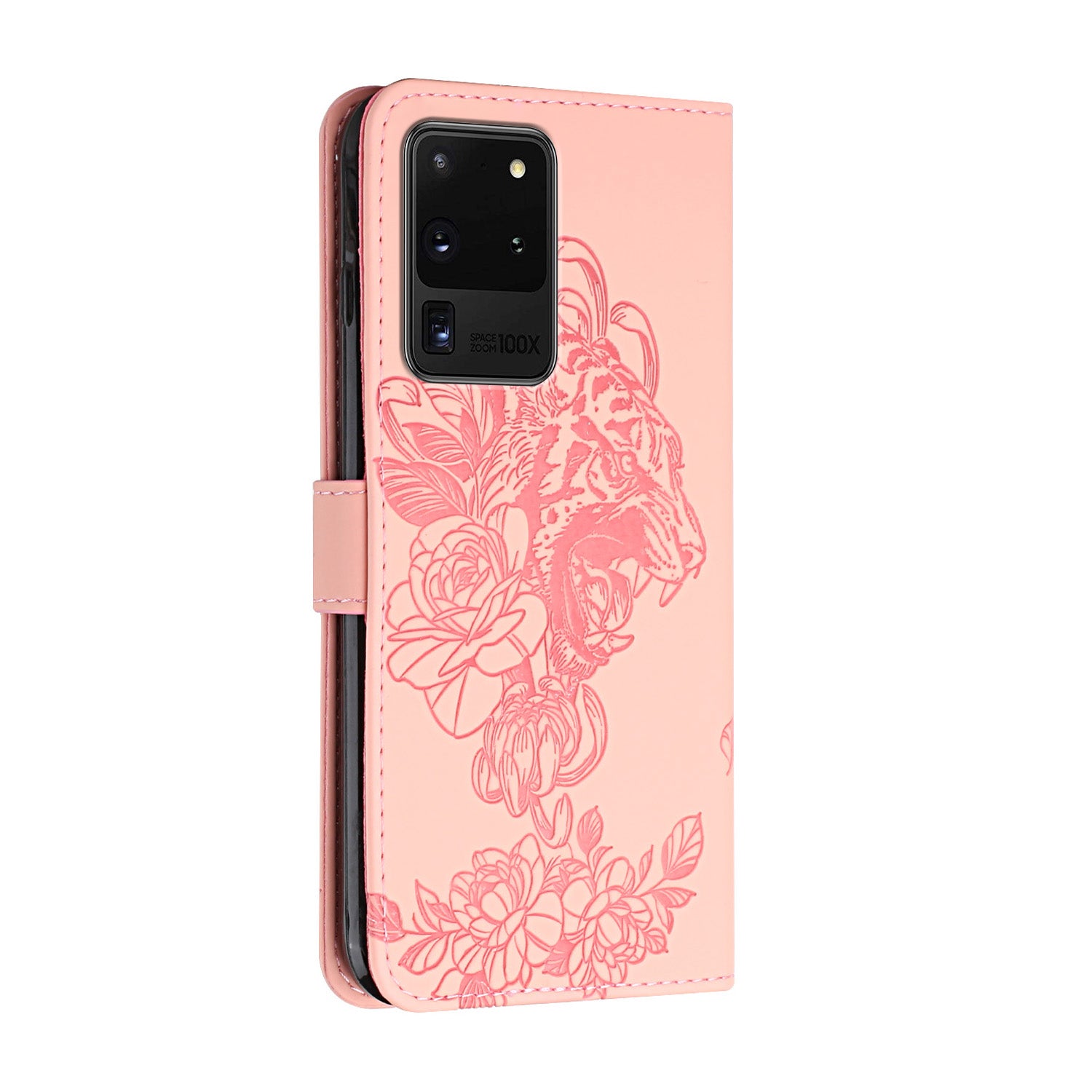 Tiger and Flower Imprint Pattern Leather Protective Phone Stand Cover with Strap for Samsung Galaxy S20 Ultra - Pink