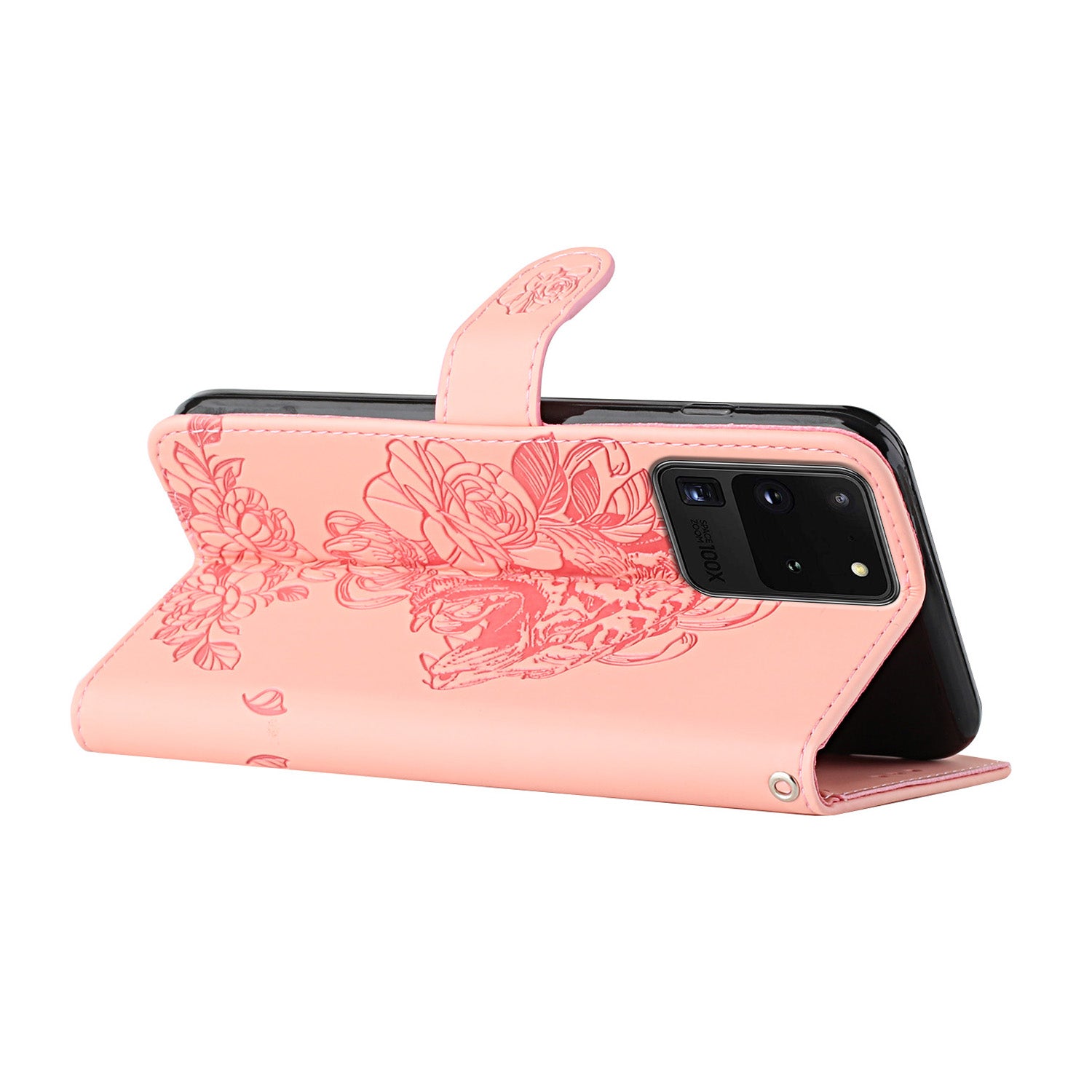 Tiger and Flower Imprint Pattern Leather Protective Phone Stand Cover with Strap for Samsung Galaxy S20 Ultra - Pink