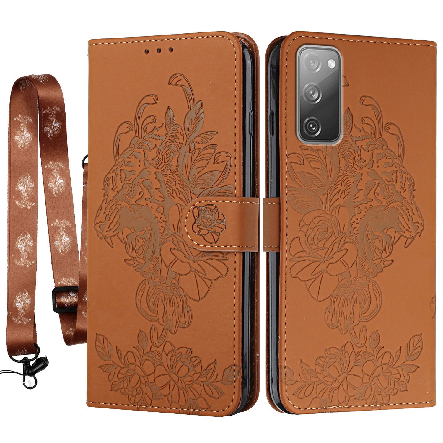 Folio Flip Leather Wallet Stand Cell Phone Case Matching Lanyard with Tiger Head Imprinting for Samsung Galaxy S20 FE 2022/S20 FE 4G/S20 FE 5G/S20 Lite - Brown