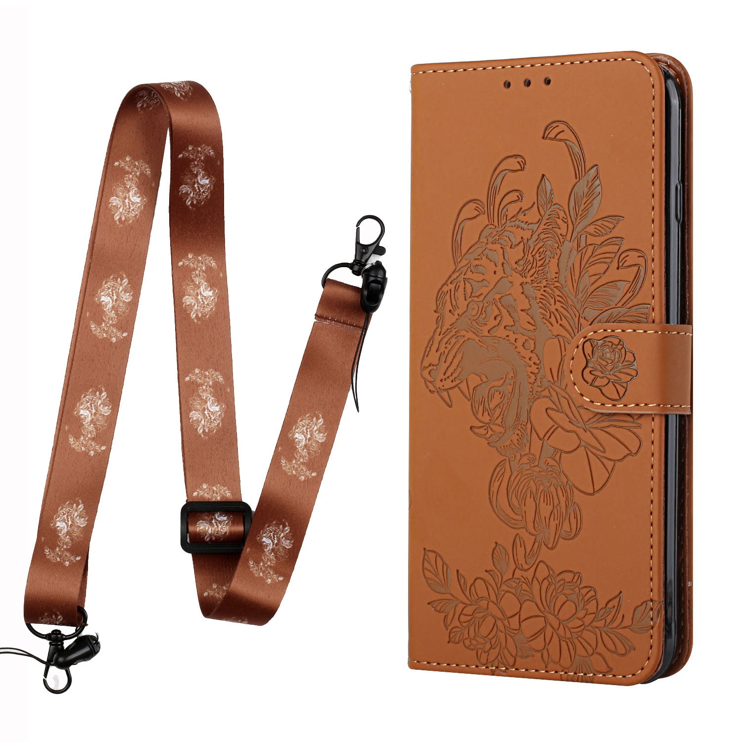 Folio Flip Leather Wallet Stand Cell Phone Case Matching Lanyard with Tiger Head Imprinting for Samsung Galaxy S20 FE 2022/S20 FE 4G/S20 FE 5G/S20 Lite - Brown