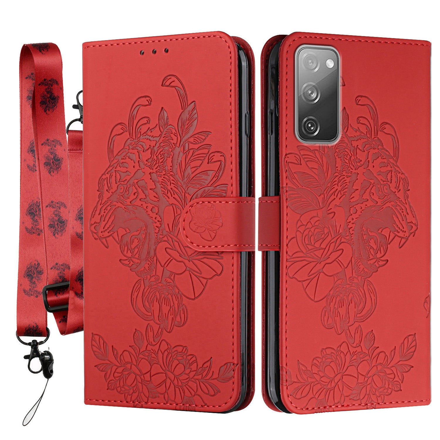 Folio Flip Leather Wallet Stand Cell Phone Case Matching Lanyard with Tiger Head Imprinting for Samsung Galaxy S20 FE 2022/S20 FE 4G/S20 FE 5G/S20 Lite - Red