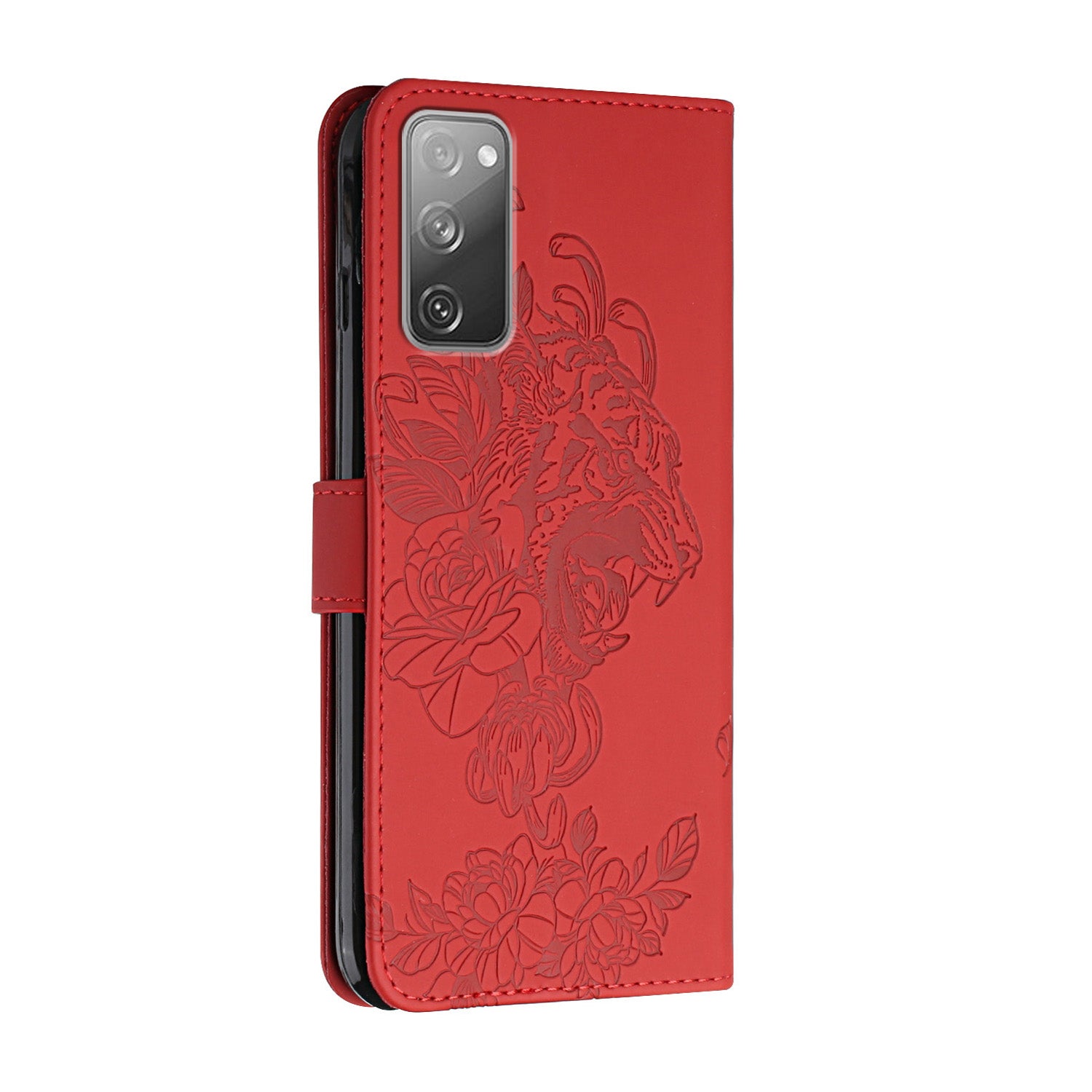 Folio Flip Leather Wallet Stand Cell Phone Case Matching Lanyard with Tiger Head Imprinting for Samsung Galaxy S20 FE 2022/S20 FE 4G/S20 FE 5G/S20 Lite - Red