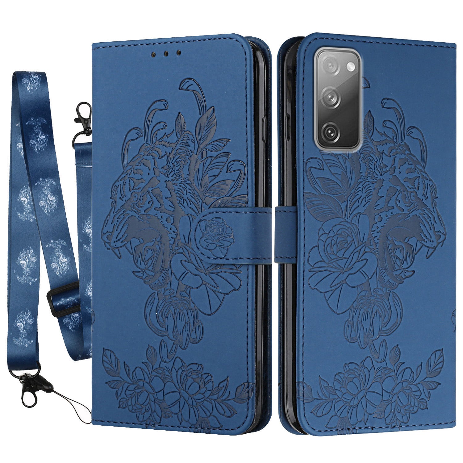 Folio Flip Leather Wallet Stand Cell Phone Case Matching Lanyard with Tiger Head Imprinting for Samsung Galaxy S20 FE 2022/S20 FE 4G/S20 FE 5G/S20 Lite - Blue