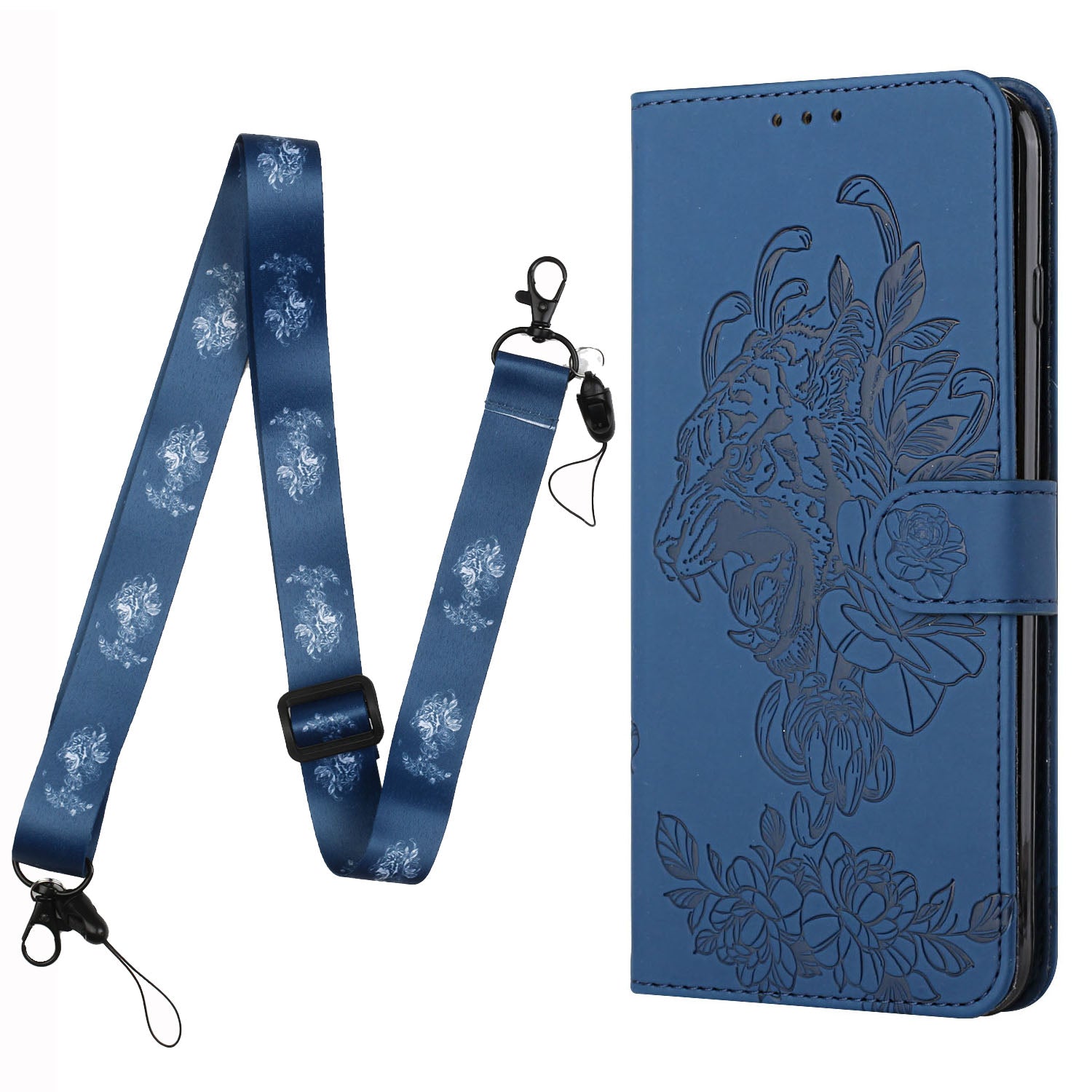 Folio Flip Leather Wallet Stand Cell Phone Case Matching Lanyard with Tiger Head Imprinting for Samsung Galaxy S20 FE 2022/S20 FE 4G/S20 FE 5G/S20 Lite - Blue