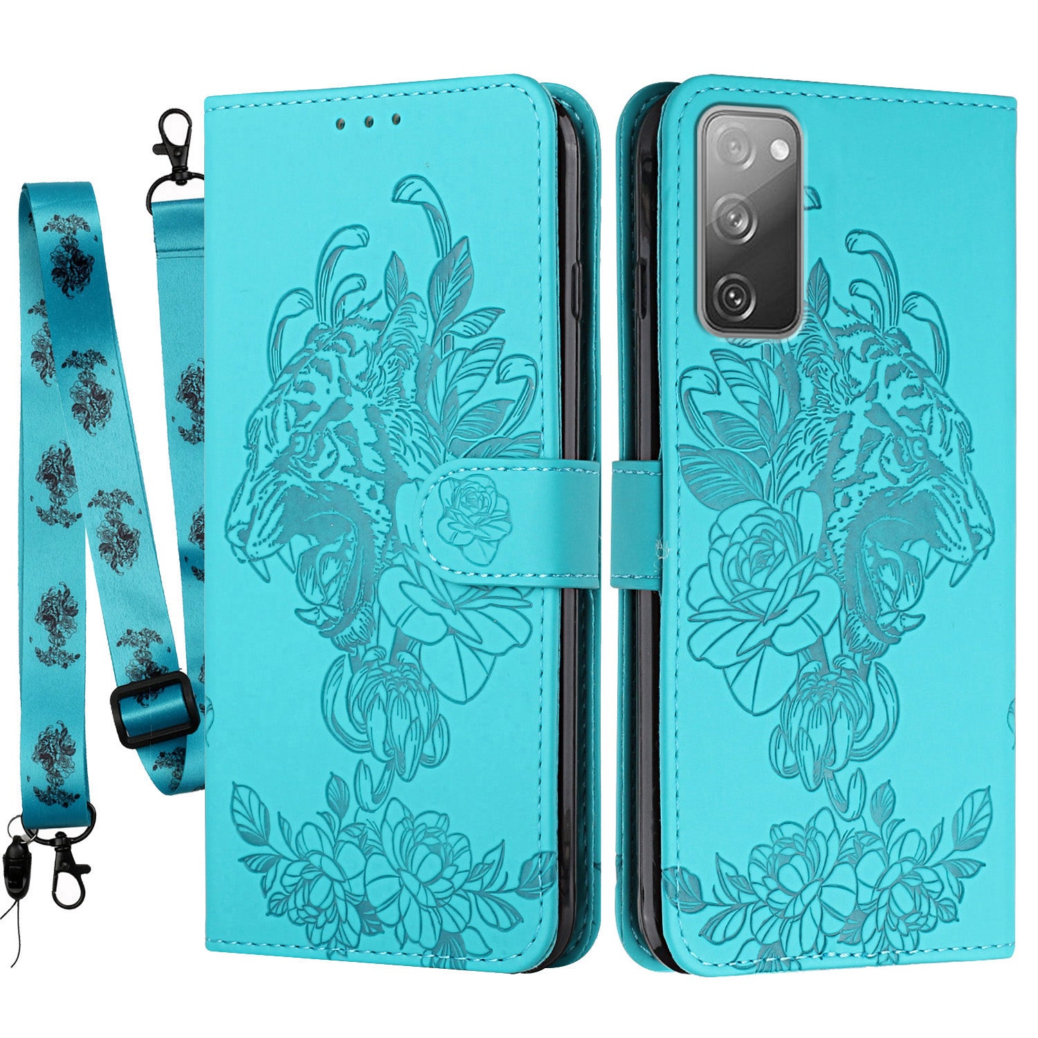 Folio Flip Leather Wallet Stand Cell Phone Case Matching Lanyard with Tiger Head Imprinting for Samsung Galaxy S20 FE 2022/S20 FE 4G/S20 FE 5G/S20 Lite - Green