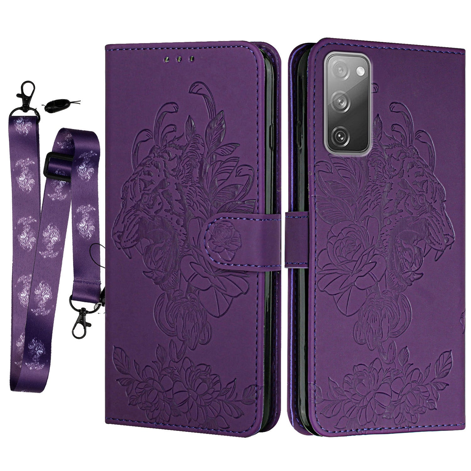 Folio Flip Leather Wallet Stand Cell Phone Case Matching Lanyard with Tiger Head Imprinting for Samsung Galaxy S20 FE 2022/S20 FE 4G/S20 FE 5G/S20 Lite - Purple