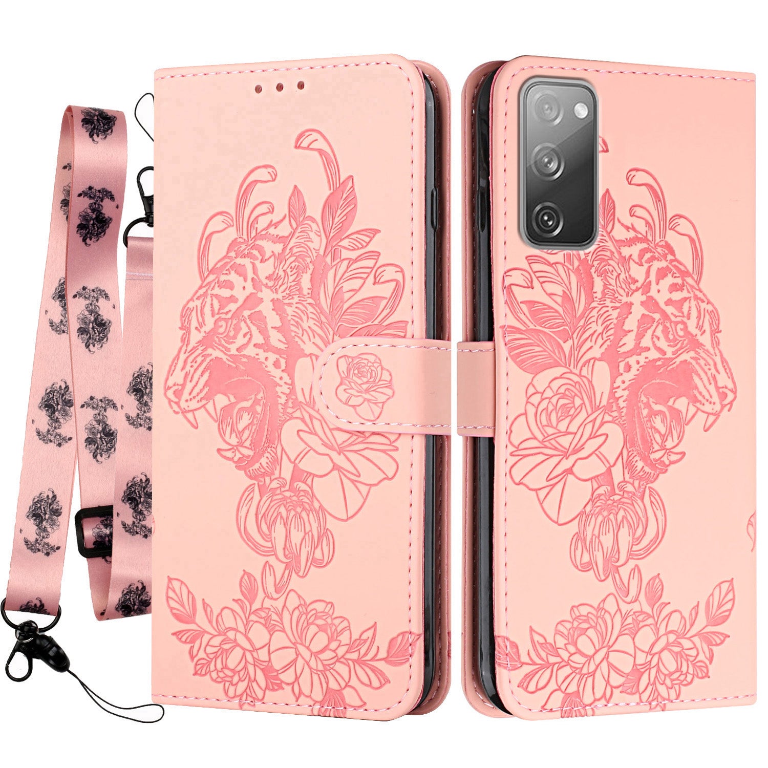 Folio Flip Leather Wallet Stand Cell Phone Case Matching Lanyard with Tiger Head Imprinting for Samsung Galaxy S20 FE 2022/S20 FE 4G/S20 FE 5G/S20 Lite - Pink