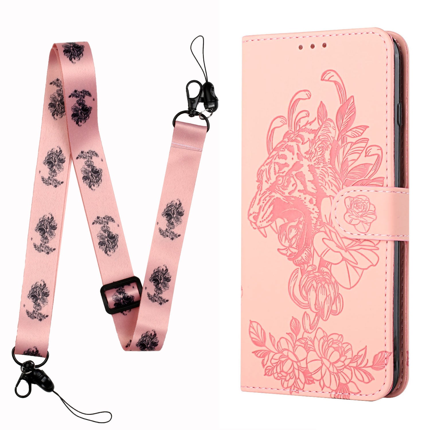 Folio Flip Leather Wallet Stand Cell Phone Case Matching Lanyard with Tiger Head Imprinting for Samsung Galaxy S20 FE 2022/S20 FE 4G/S20 FE 5G/S20 Lite - Pink