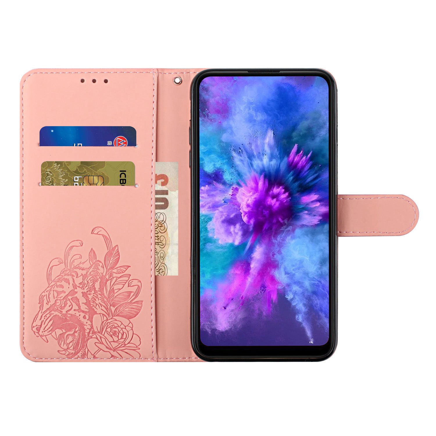 Folio Flip Leather Wallet Stand Cell Phone Case Matching Lanyard with Tiger Head Imprinting for Samsung Galaxy S20 FE 2022/S20 FE 4G/S20 FE 5G/S20 Lite - Pink