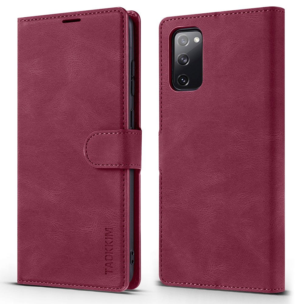 TAOKKIM Protective Leather Wallet Case Mobile Phone Cover with Stand for Samsung Galaxy S20 FE 2022/S20 FE 4G/S20 FE 5G/S20 Lite - Wine Red