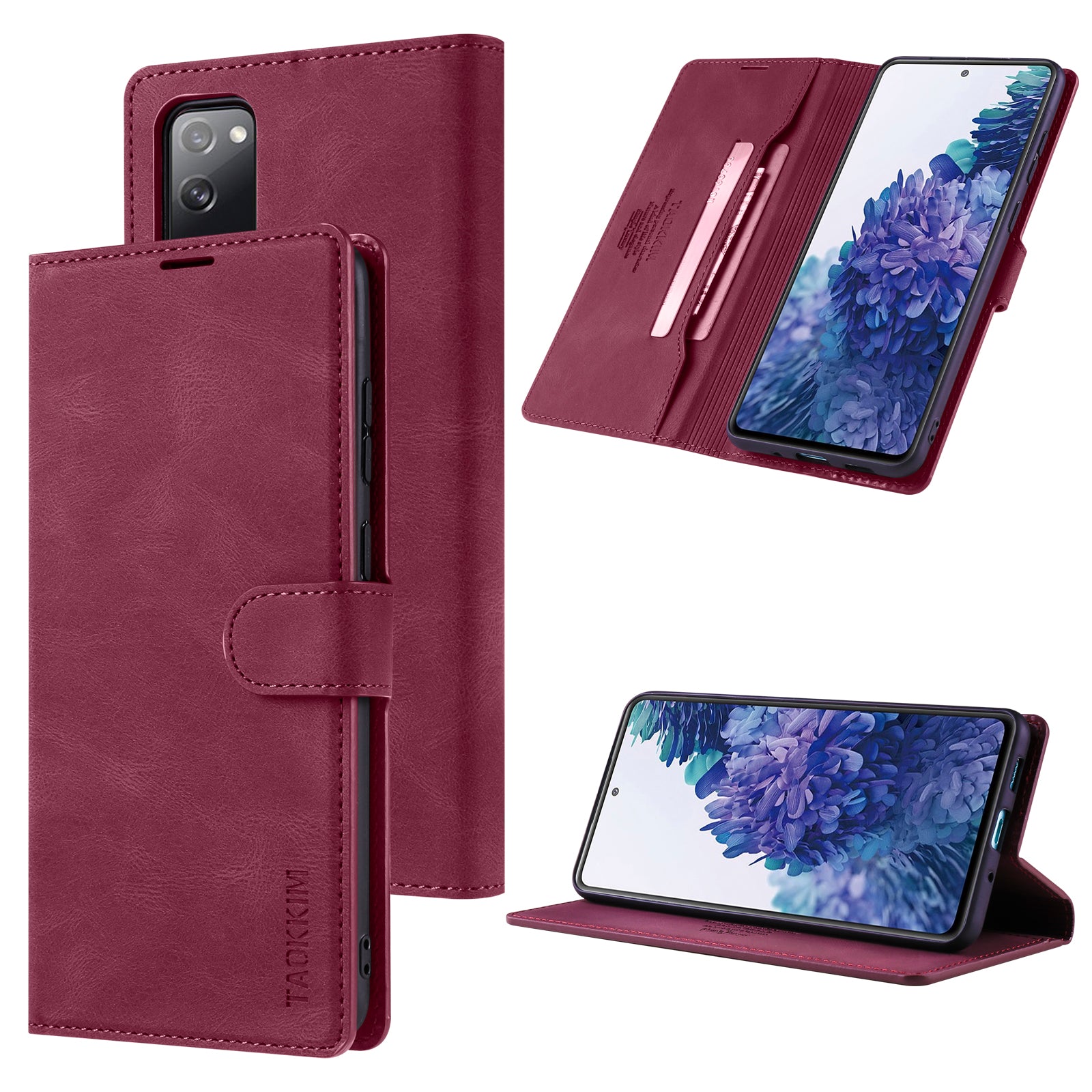 TAOKKIM Protective Leather Wallet Case Mobile Phone Cover with Stand for Samsung Galaxy S20 FE 2022/S20 FE 4G/S20 FE 5G/S20 Lite - Wine Red