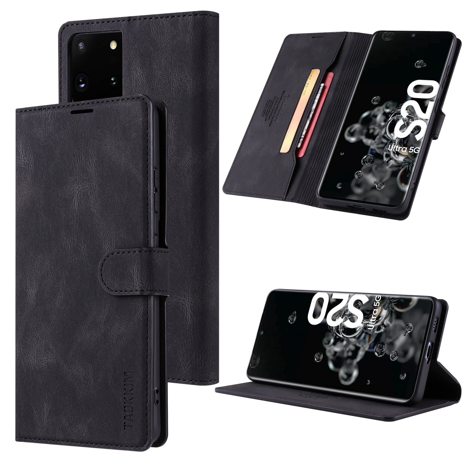 TAOKKIM Protective Leather Wallet Case Drop-resistant Phone Cover with Stand for Samsung Galaxy S20 Ultra - Black